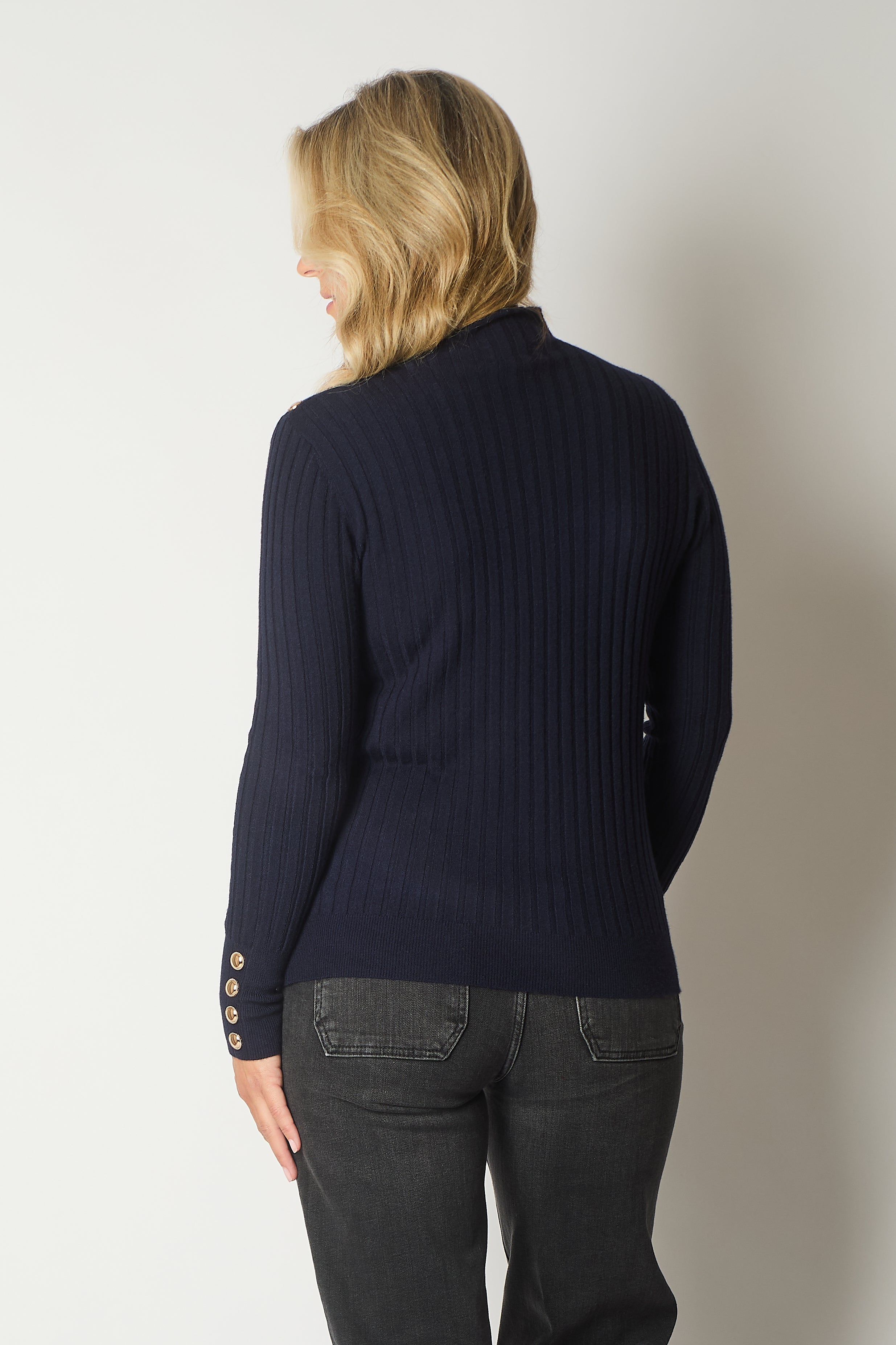 Ribbed Knit Jumper with Button Detail - Navy