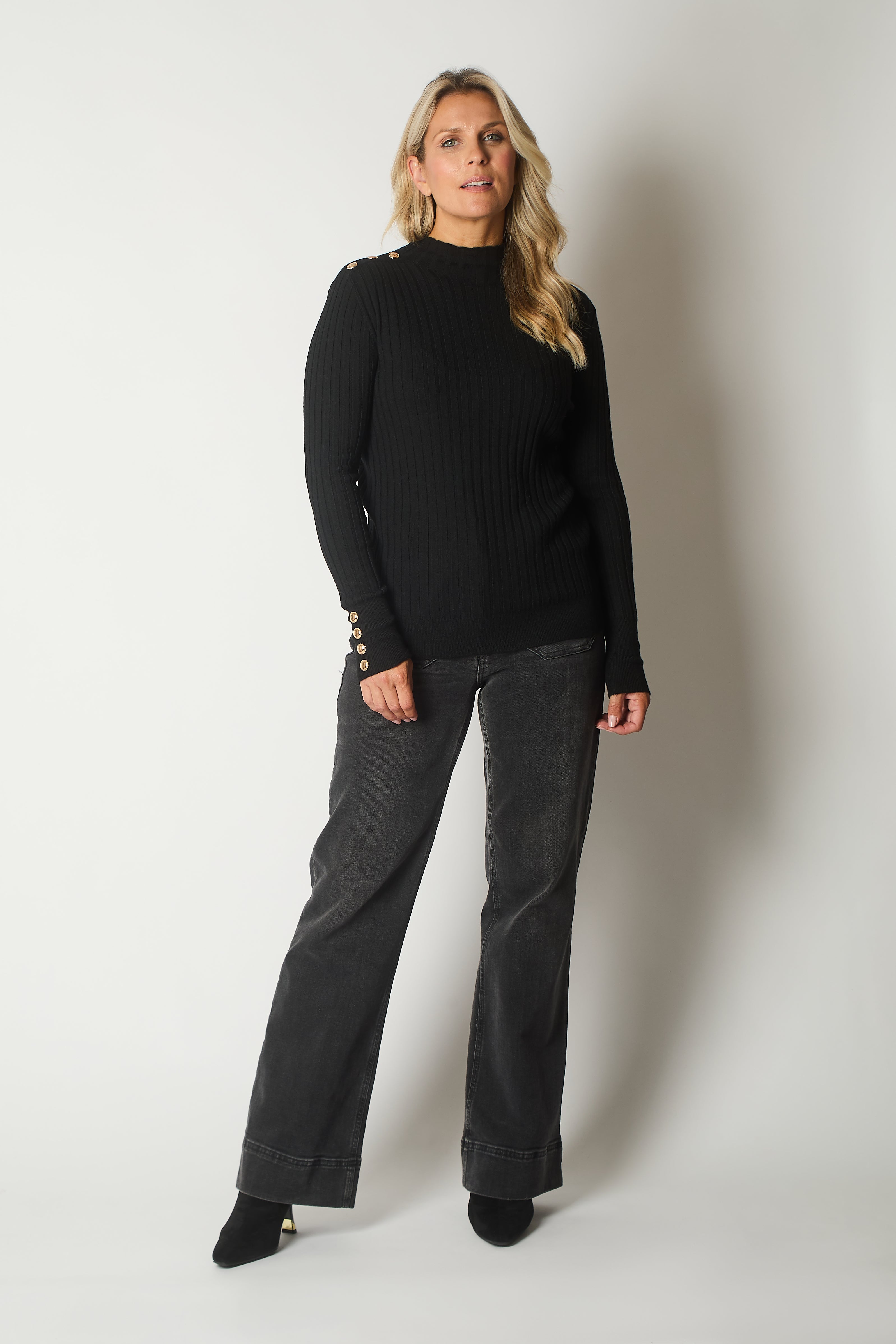 Ribbed Knit Jumper with Button Detail - Black