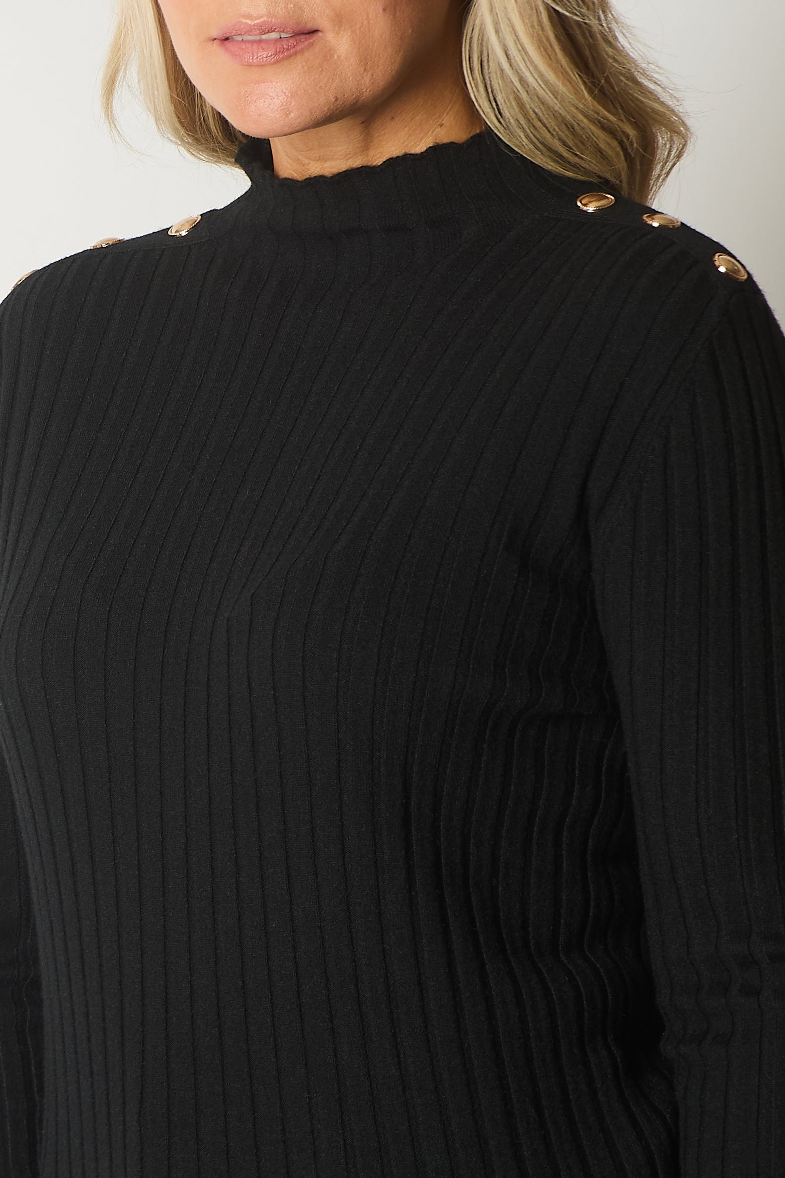 Ribbed Knit Jumper with Button Detail - Black