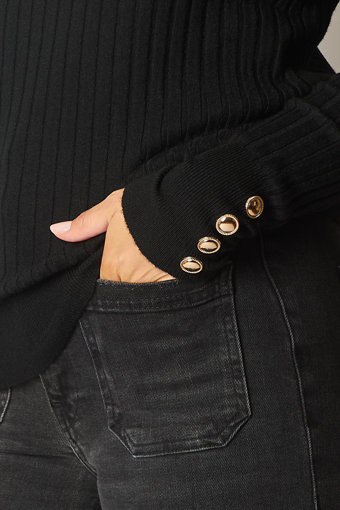 Ribbed Knit Jumper with Button Detail - Black