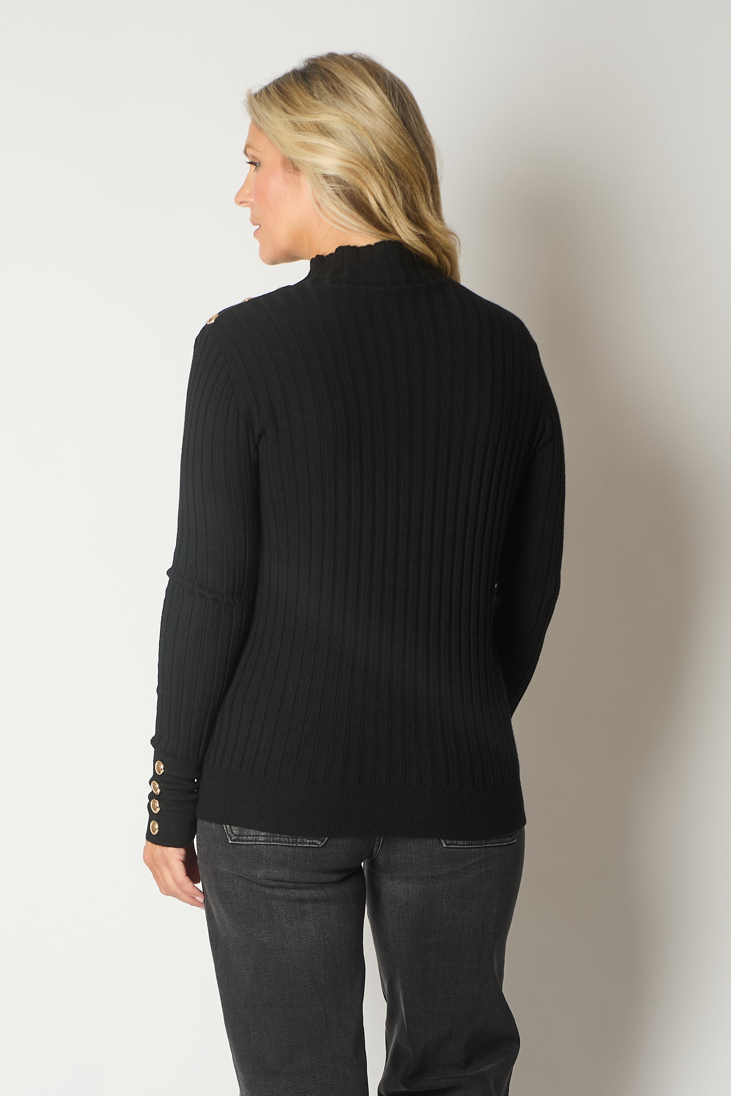 Ribbed Knit Jumper with Button Detail - Black
