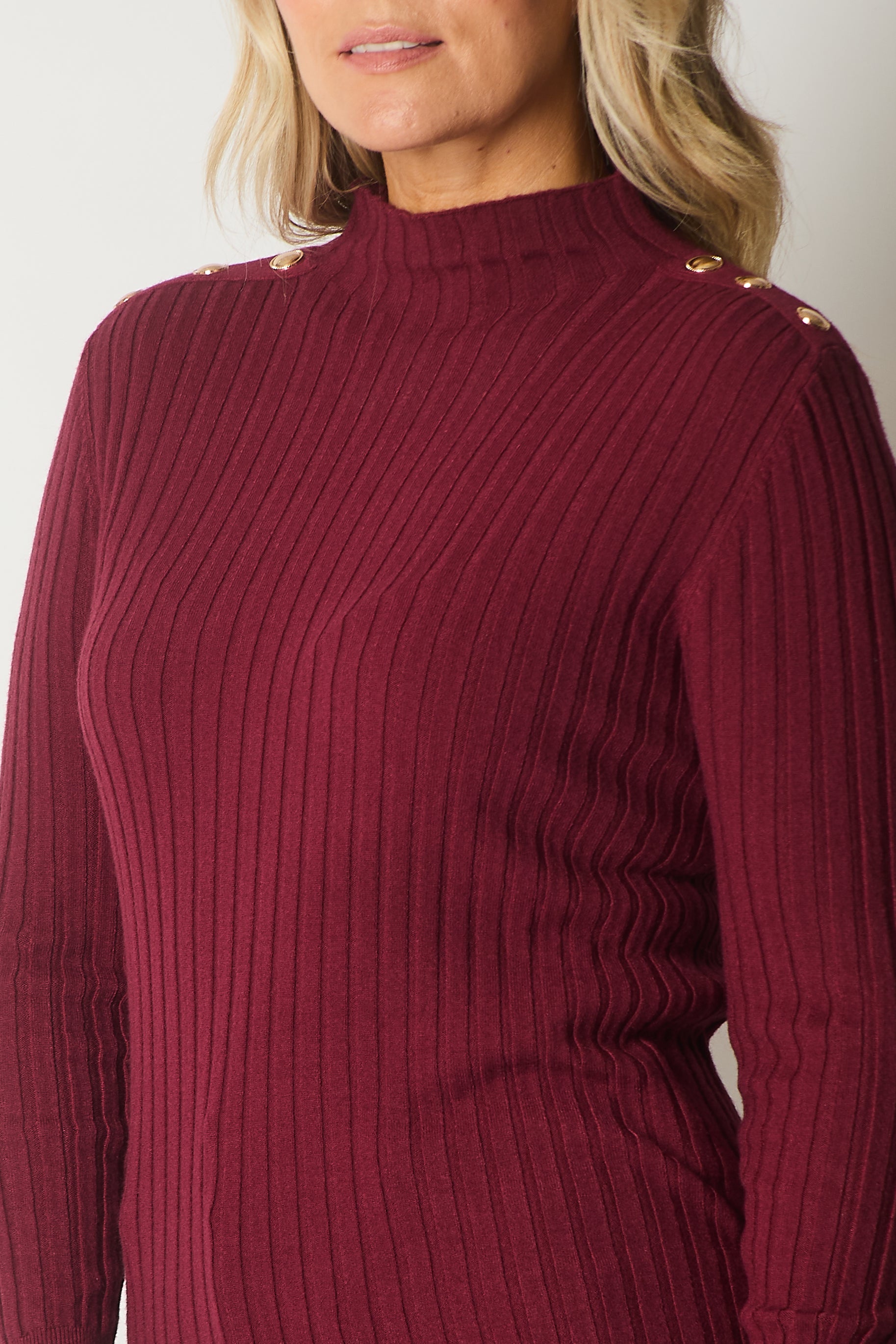 Ribbed Knit Jumper with Button Detail - Wine