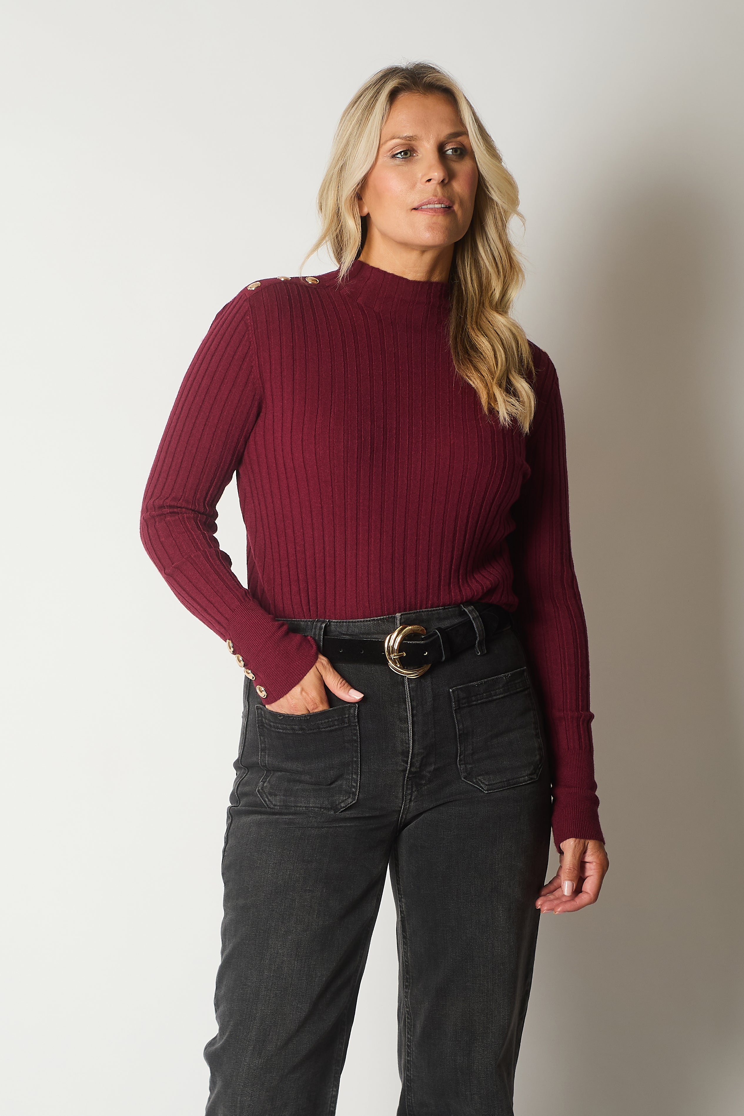 Ribbed Knit Jumper with Button Detail - Wine
