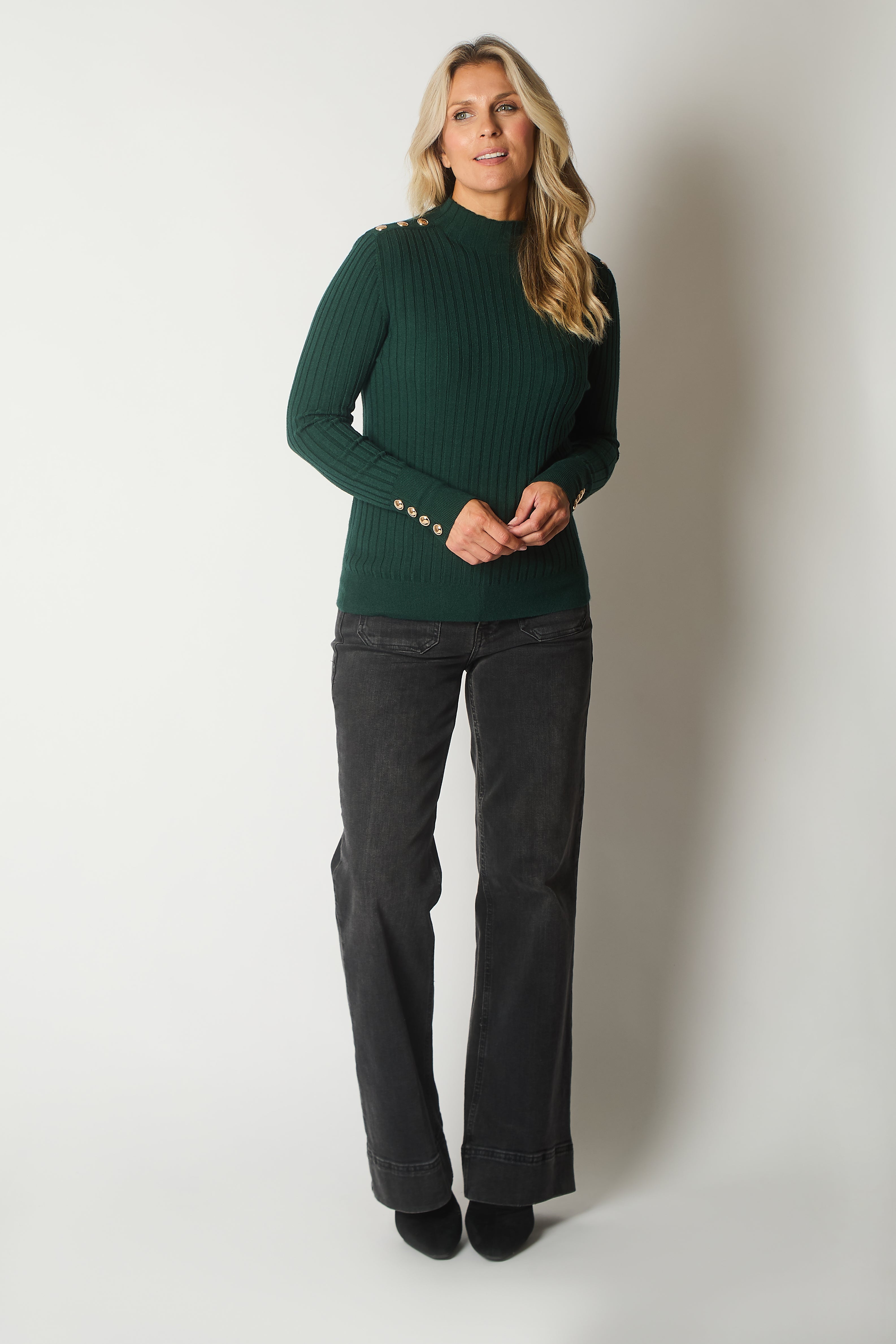 Ribbed Knit Jumper with Button Detail - Green