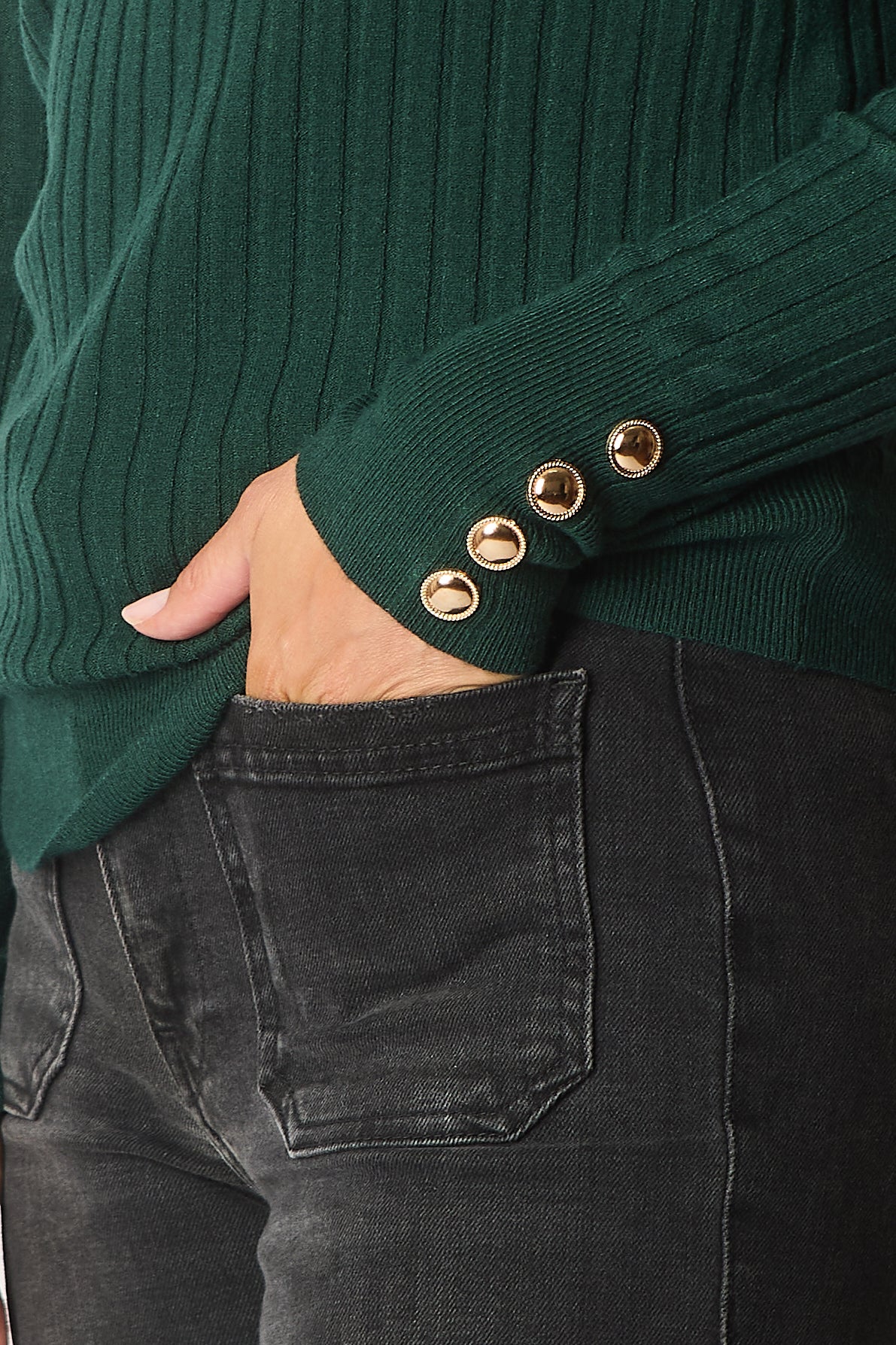 Ribbed Knit Jumper with Button Detail - Green