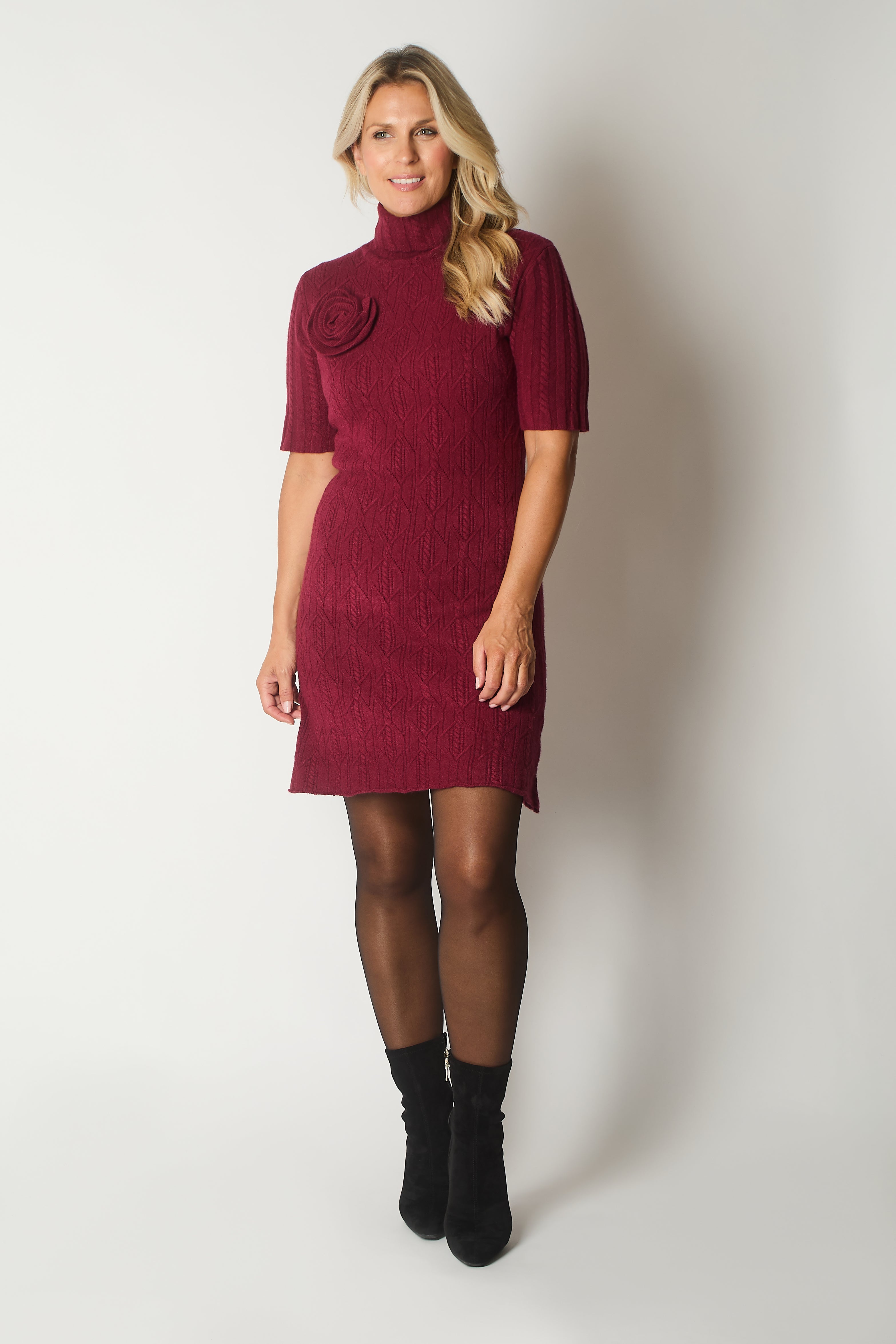 Knit Turtleneck Dress with Rosette Detail - Wine