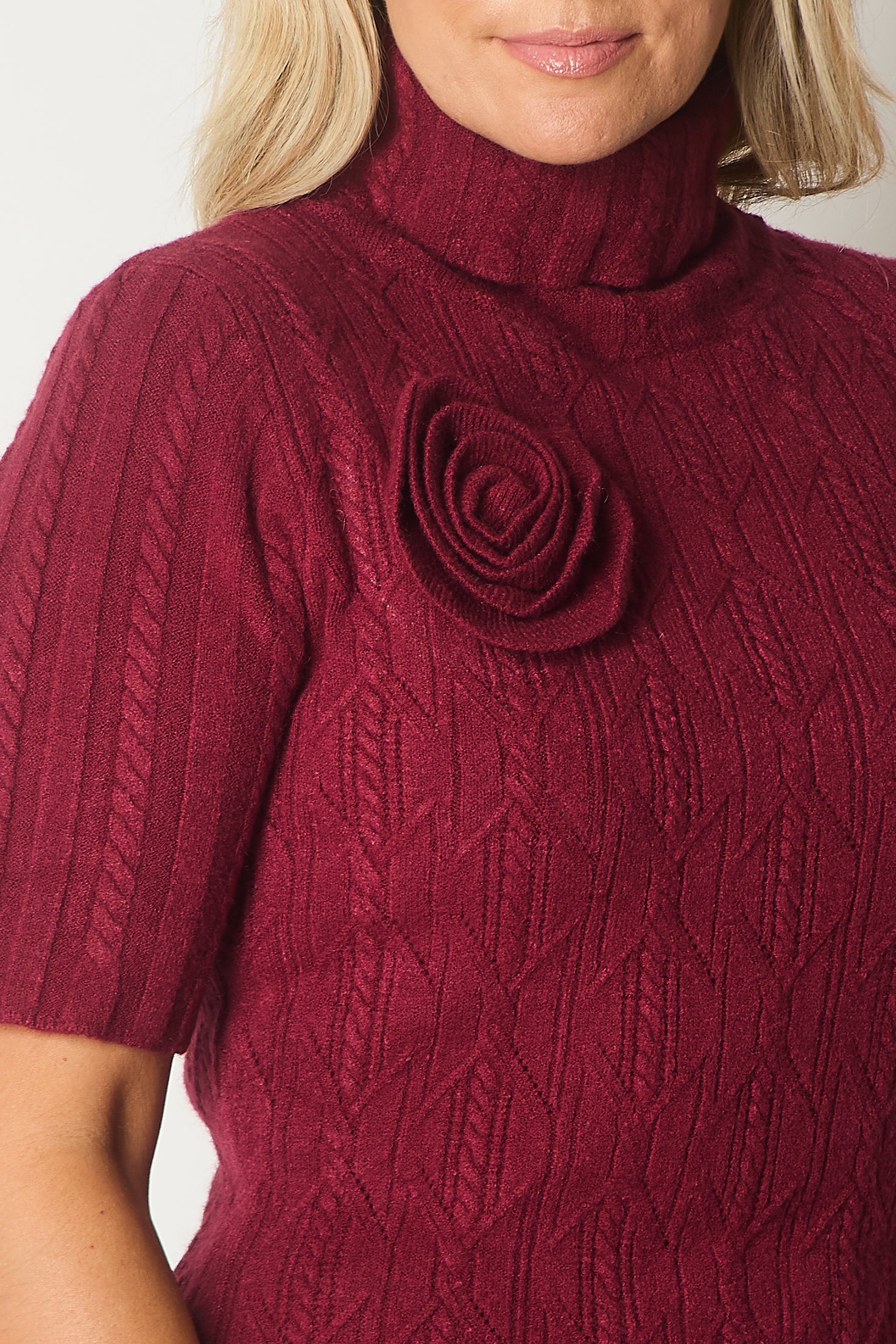 Knit Turtleneck Dress with Rosette Detail - Wine