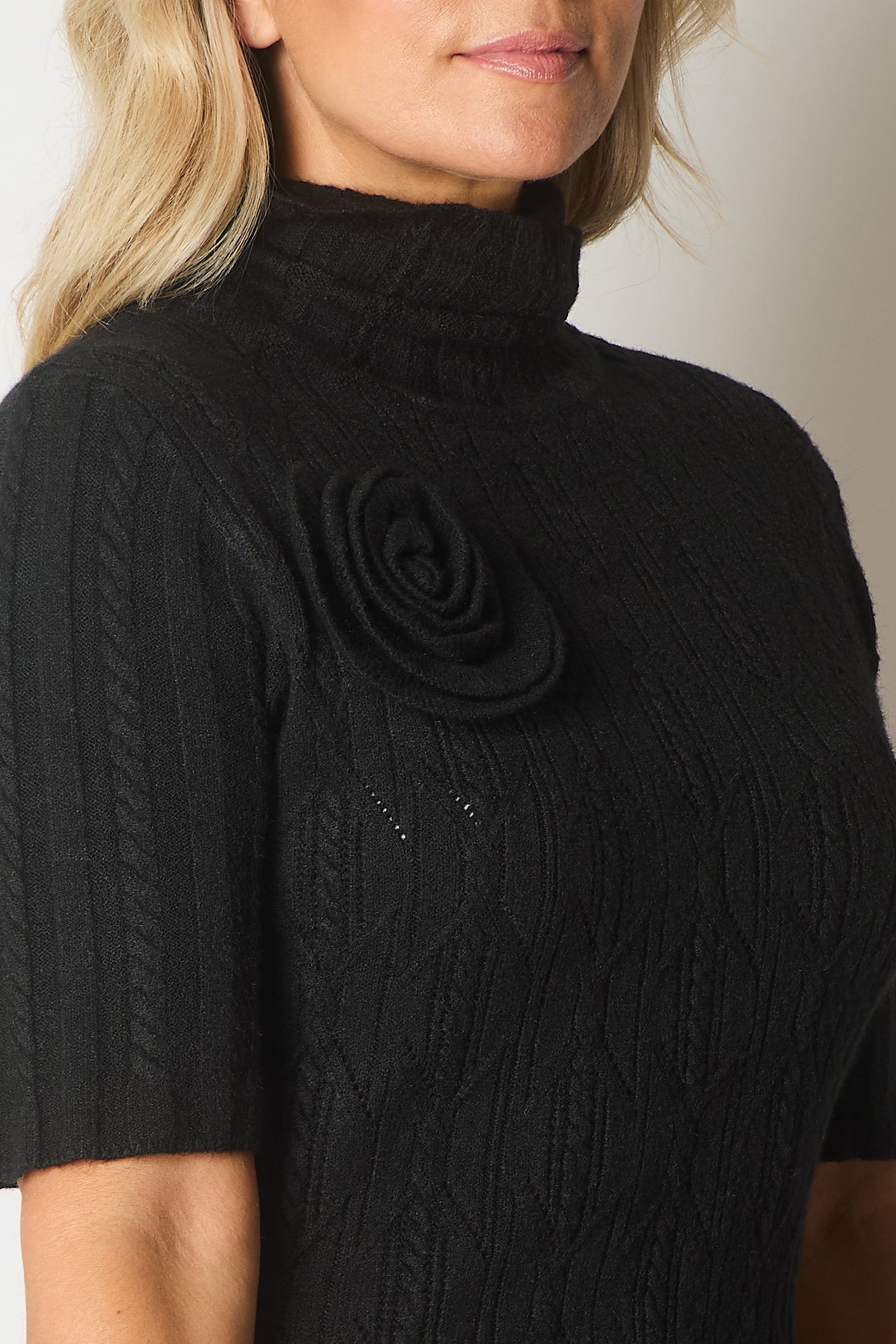Knit Turtleneck Dress with Rosette Detail - Black