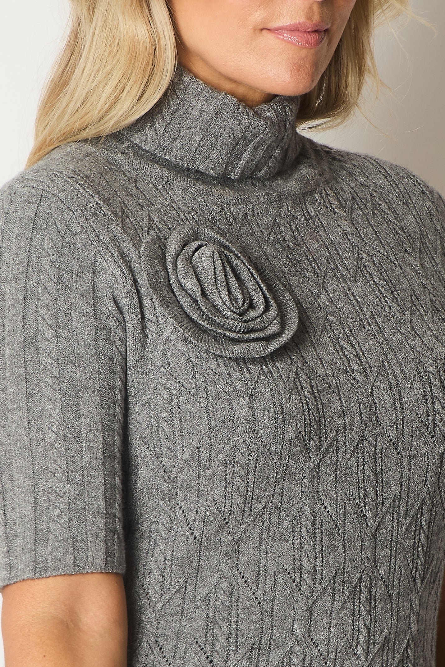 Knit Turtleneck Dress with Rosette Detail - Charcoal