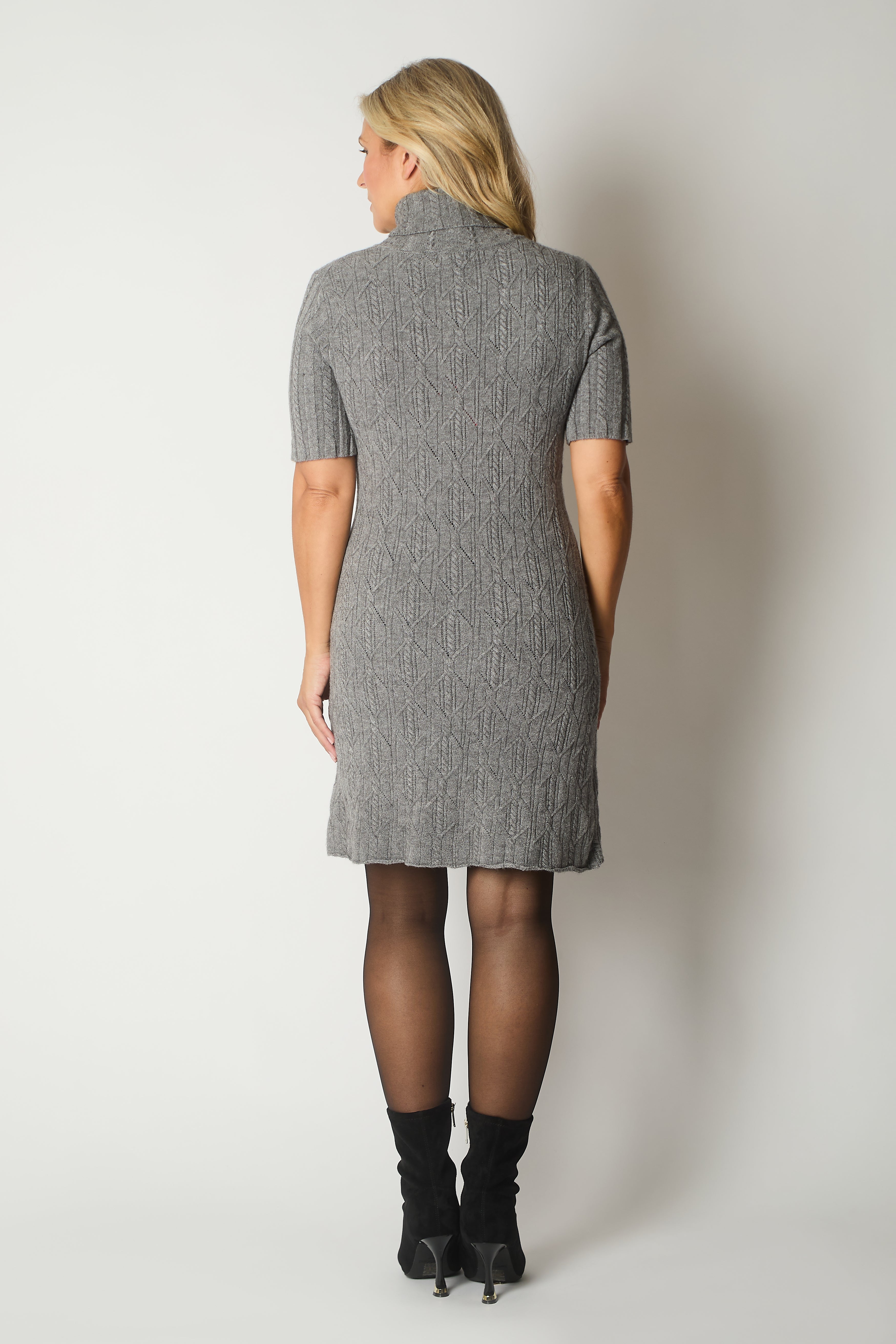 Knit Turtleneck Dress with Rosette Detail - Charcoal