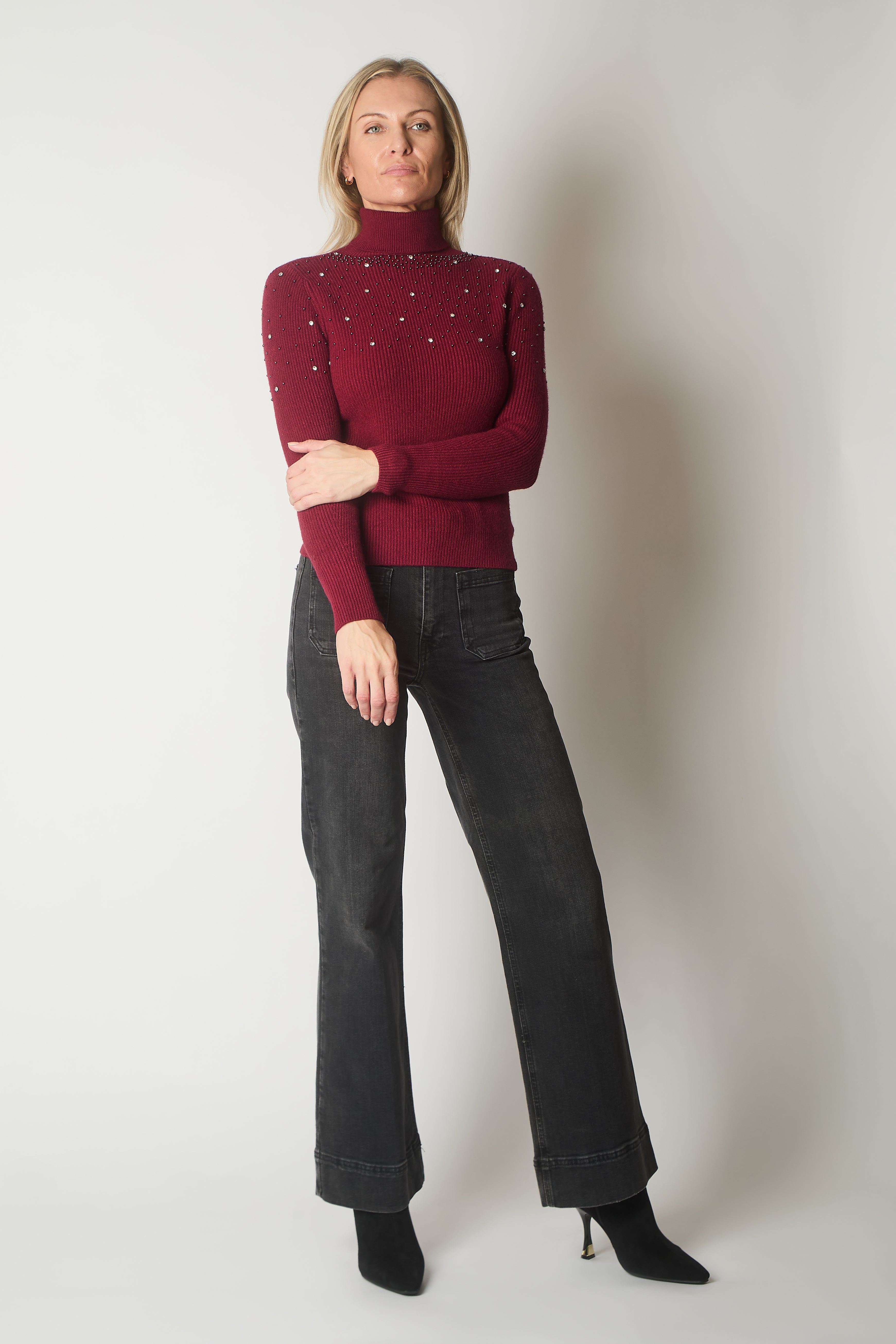 Embellished Roll Neck Jumper - Wine