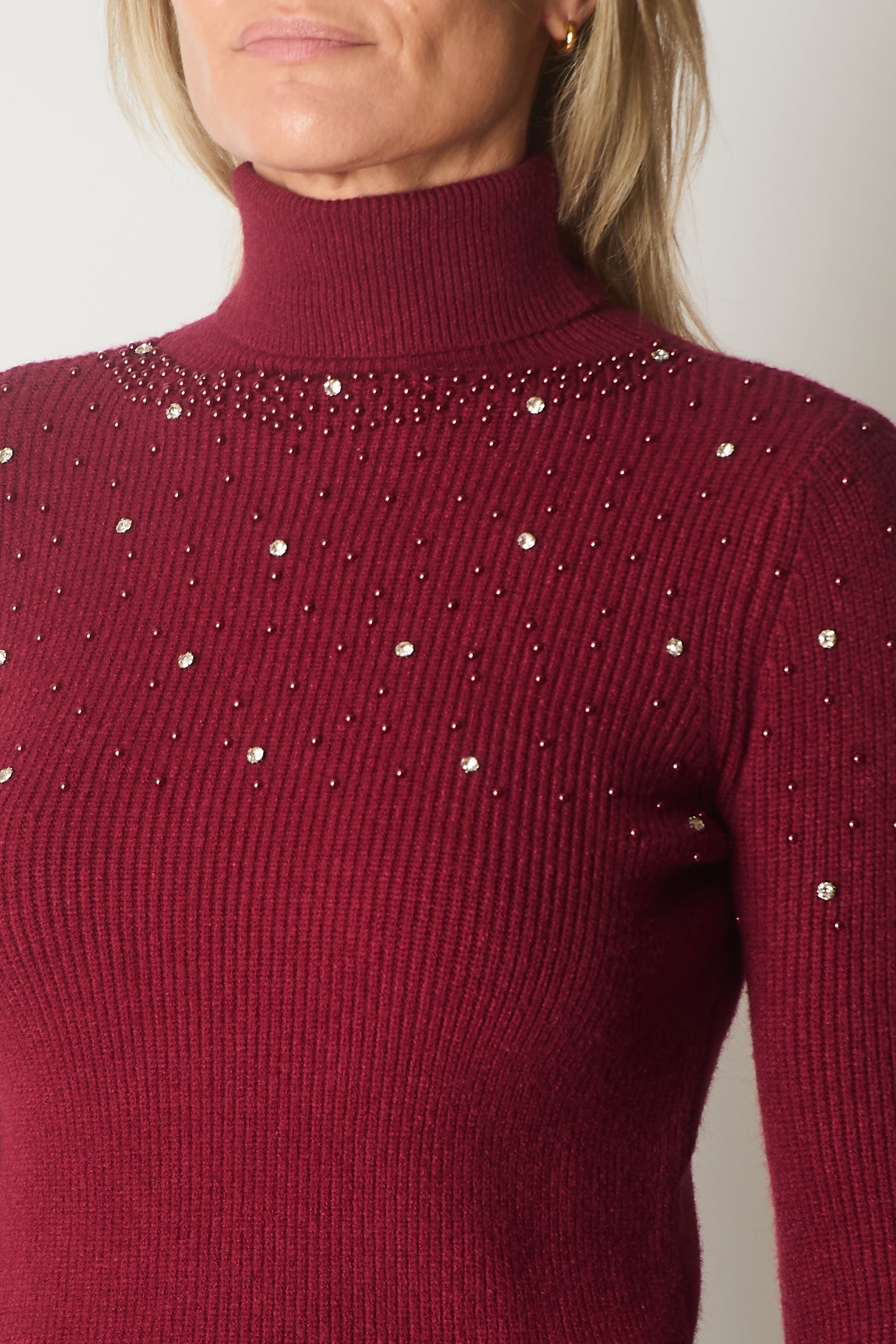 Embellished Roll Neck Jumper - Wine