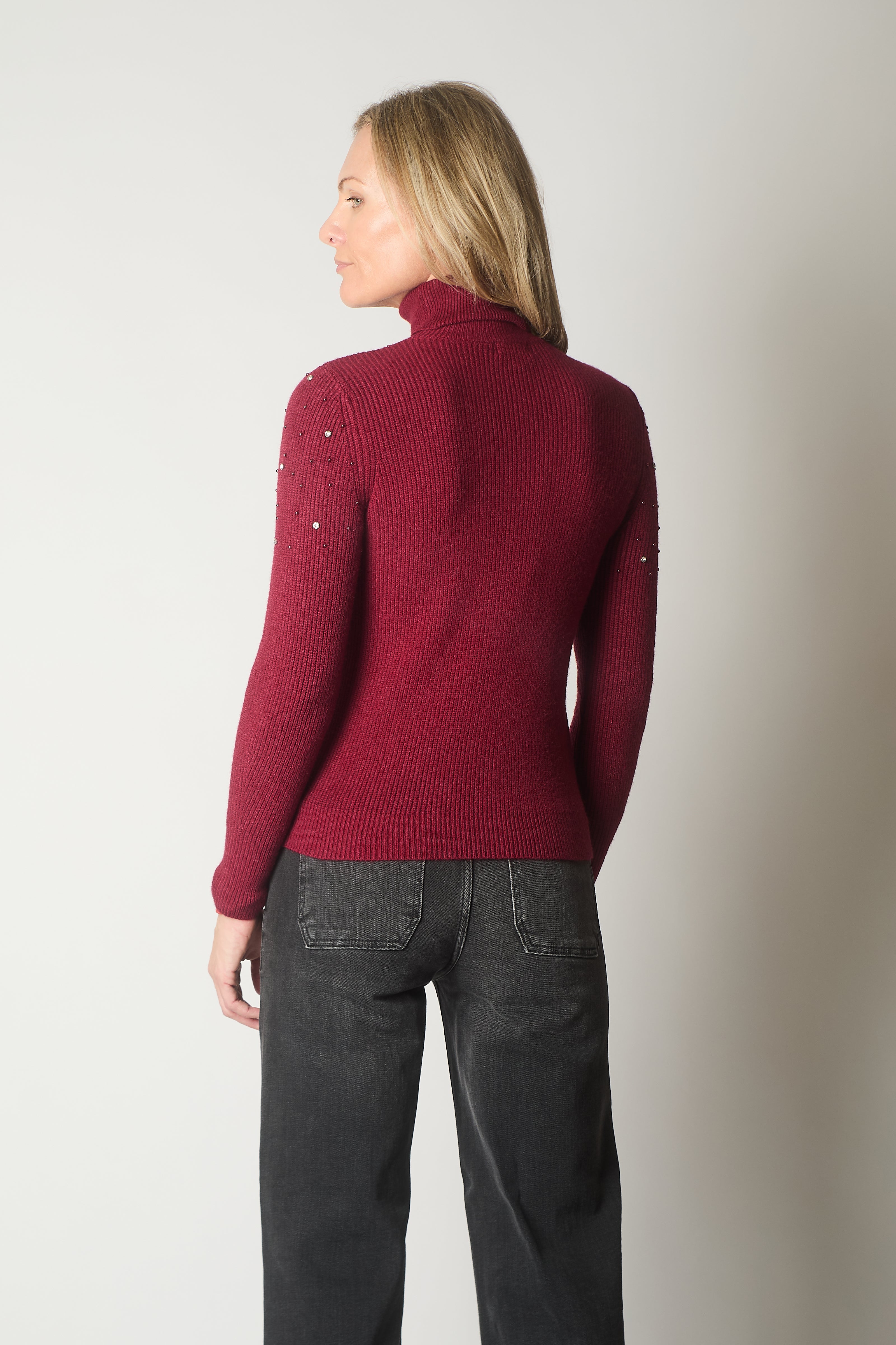 Embellished Roll Neck Jumper - Wine