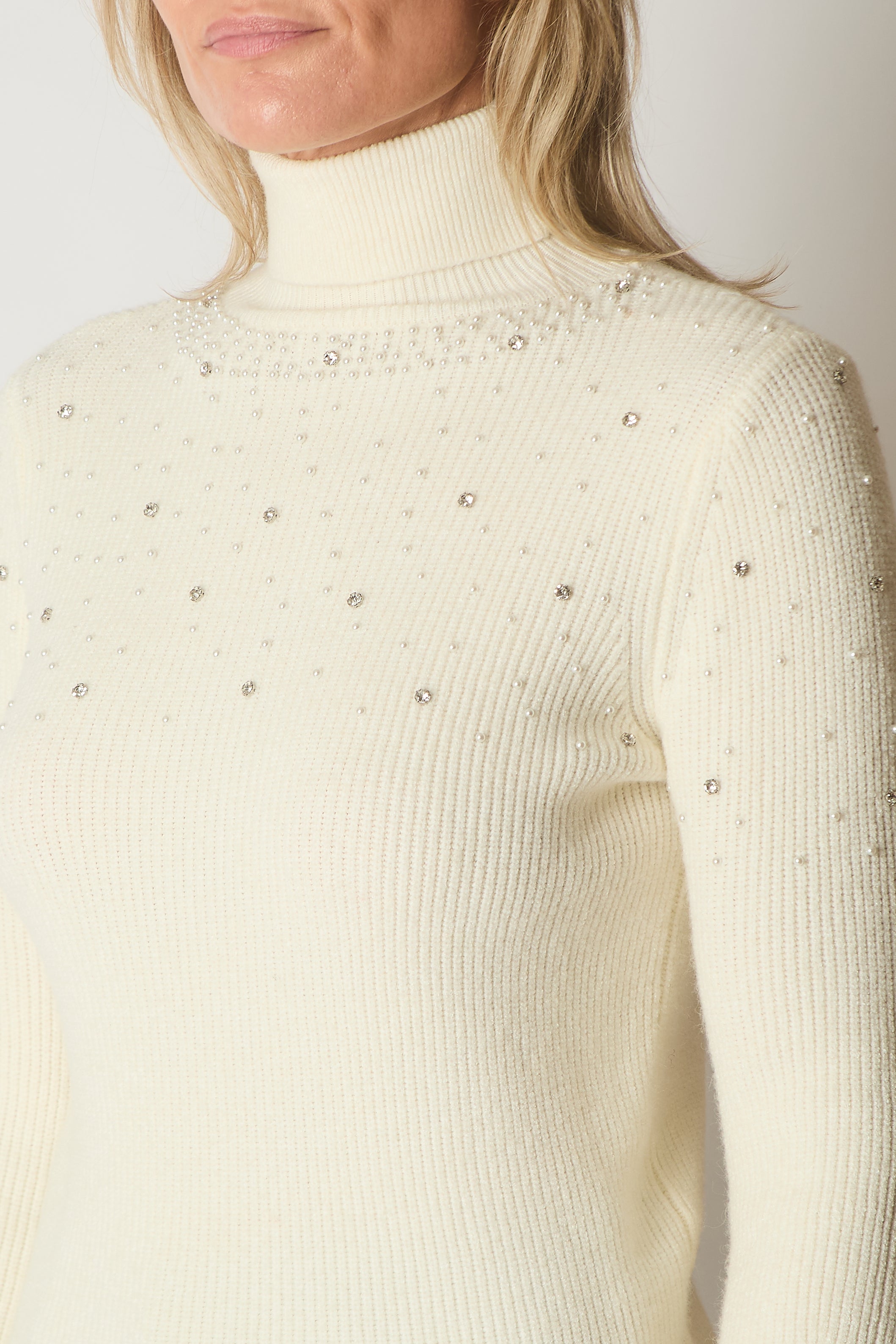Embellished Roll Neck Jumper - Ecru