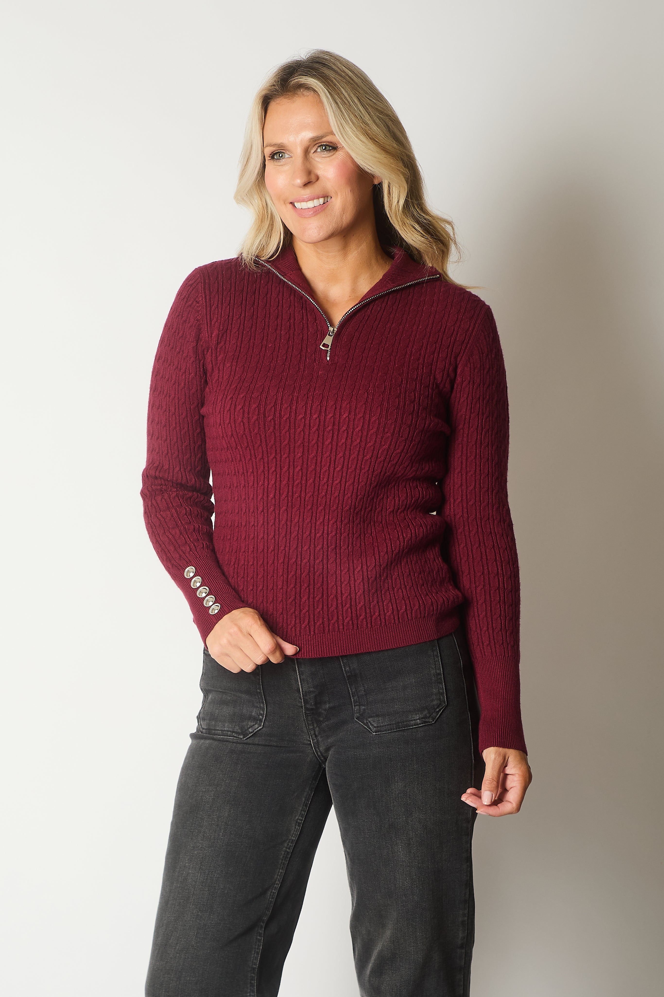 Cable Knit Quarter-Zip Sweater with Button Cuff Detail - Wine