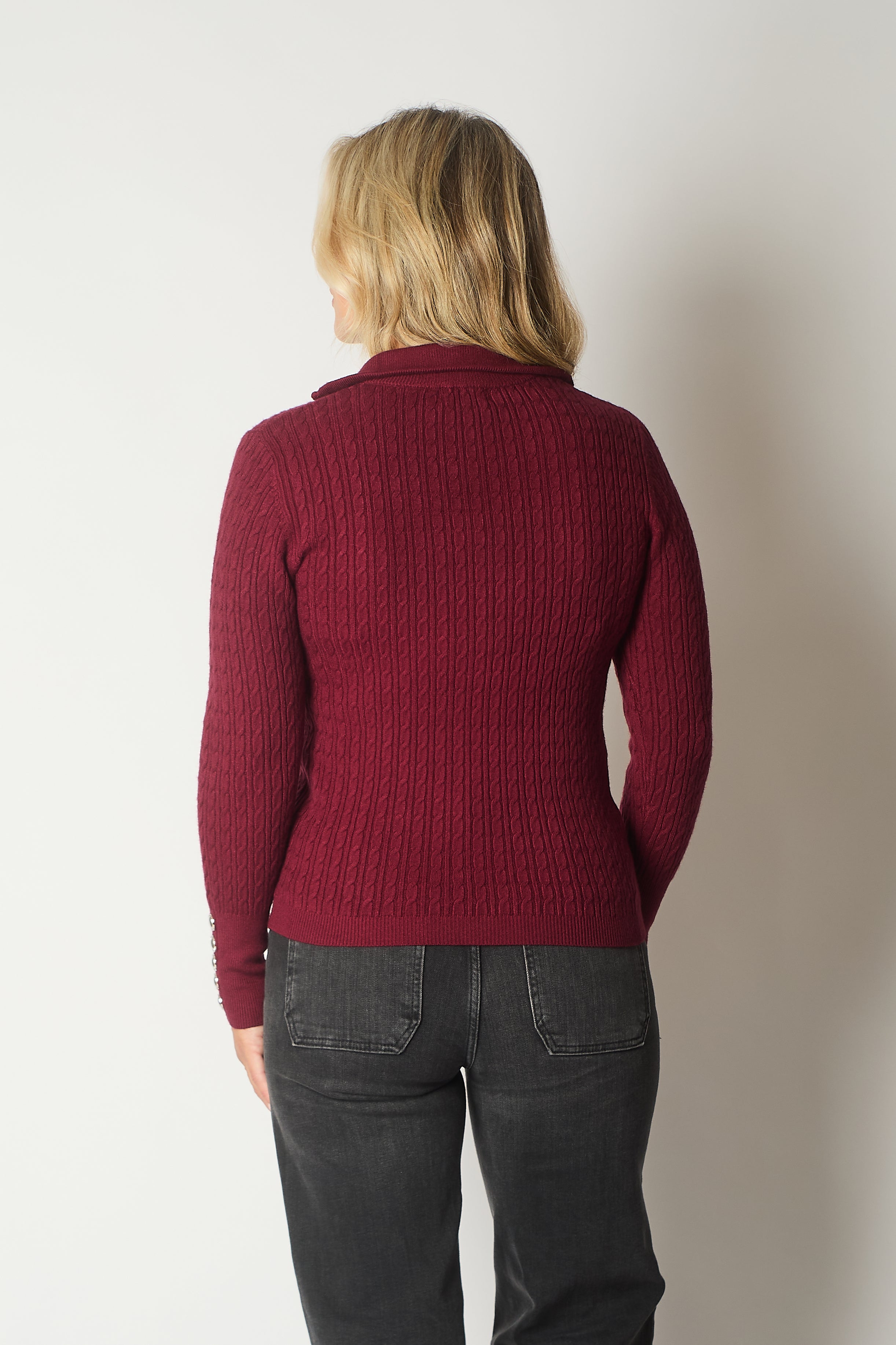 Cable Knit Quarter-Zip Sweater with Button Cuff Detail - Wine