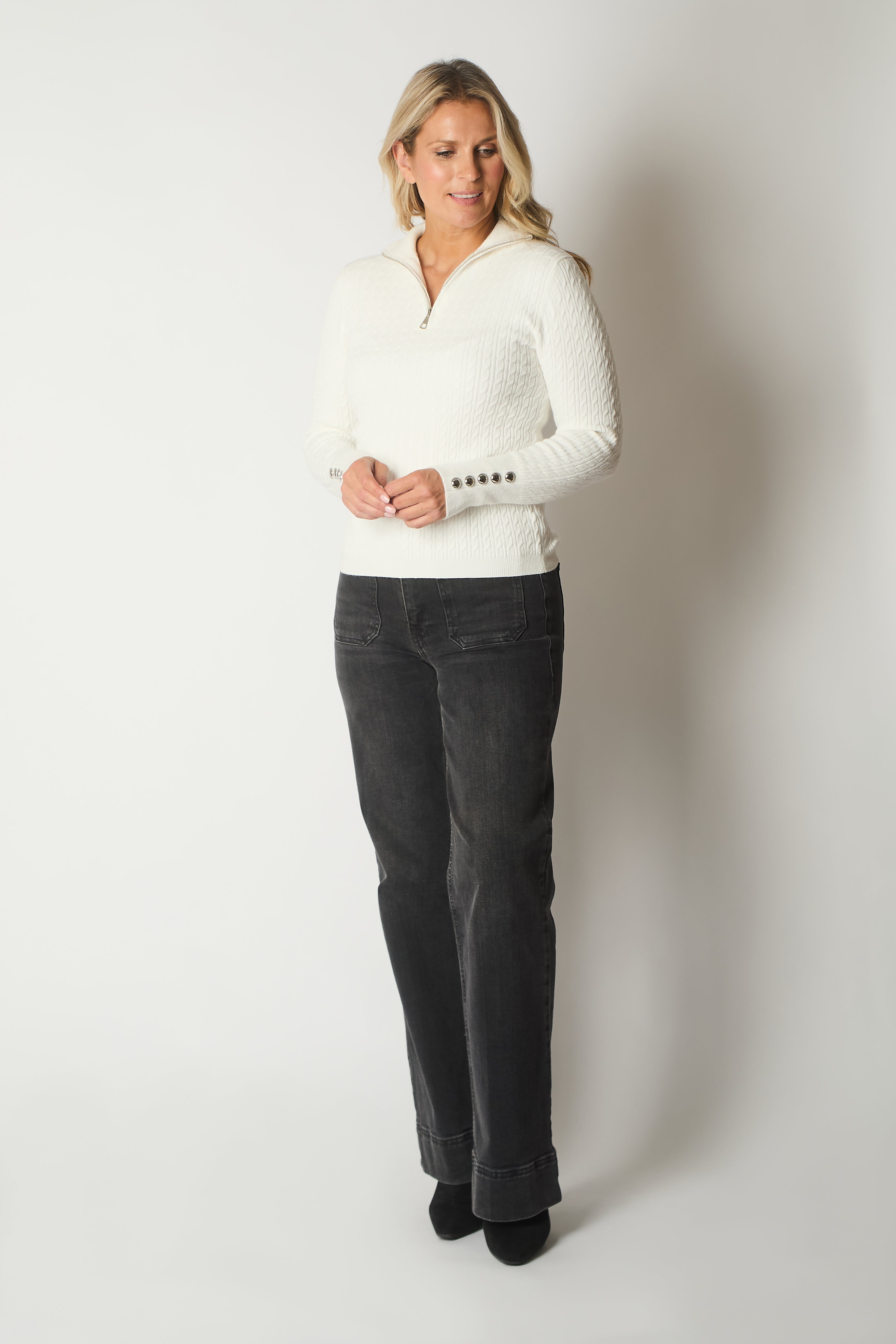 Cable Knit Quarter-Zip Sweater with Button Cuff Detail - Ecru