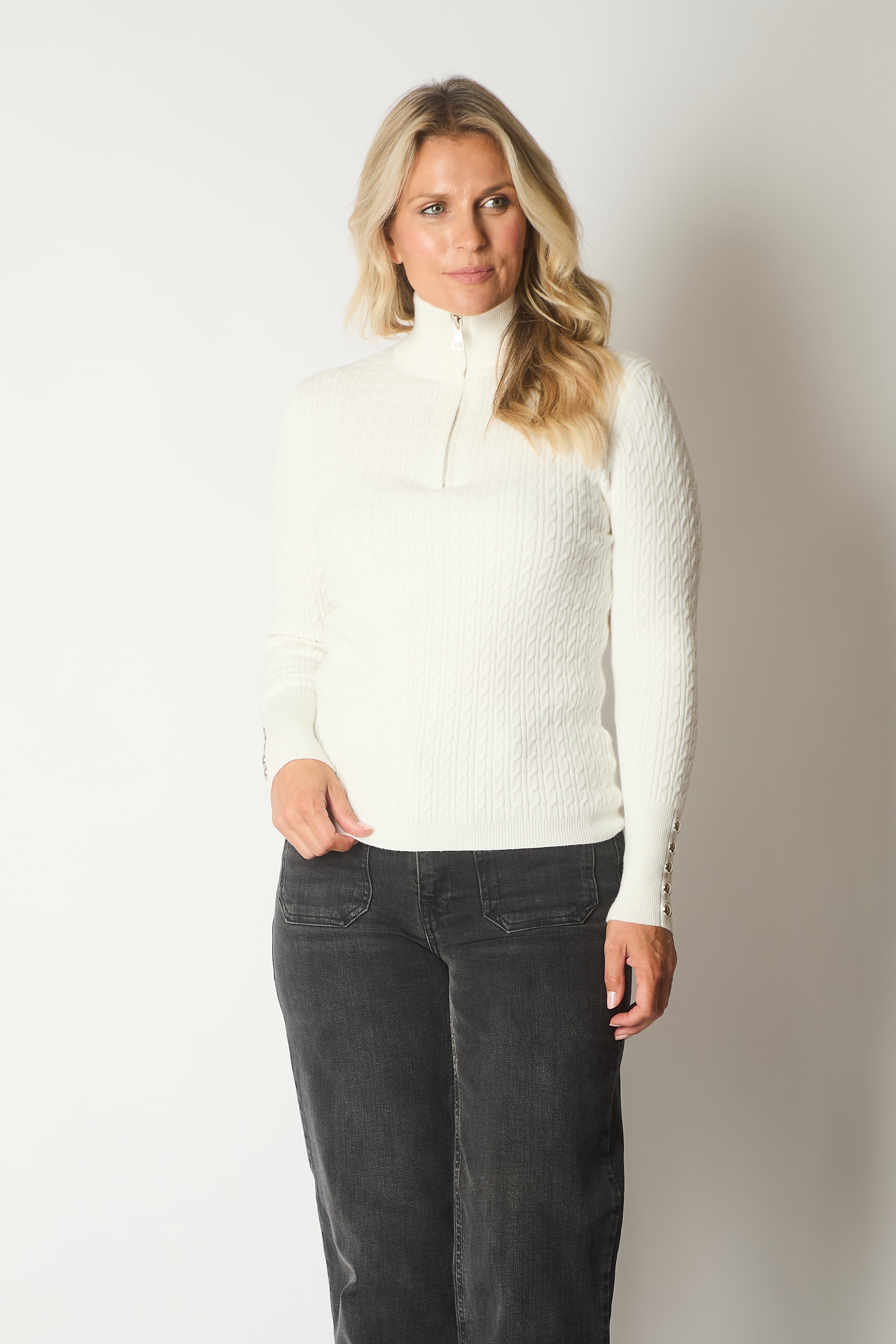 Cable Knit Quarter-Zip Sweater with Button Cuff Detail - Ecru