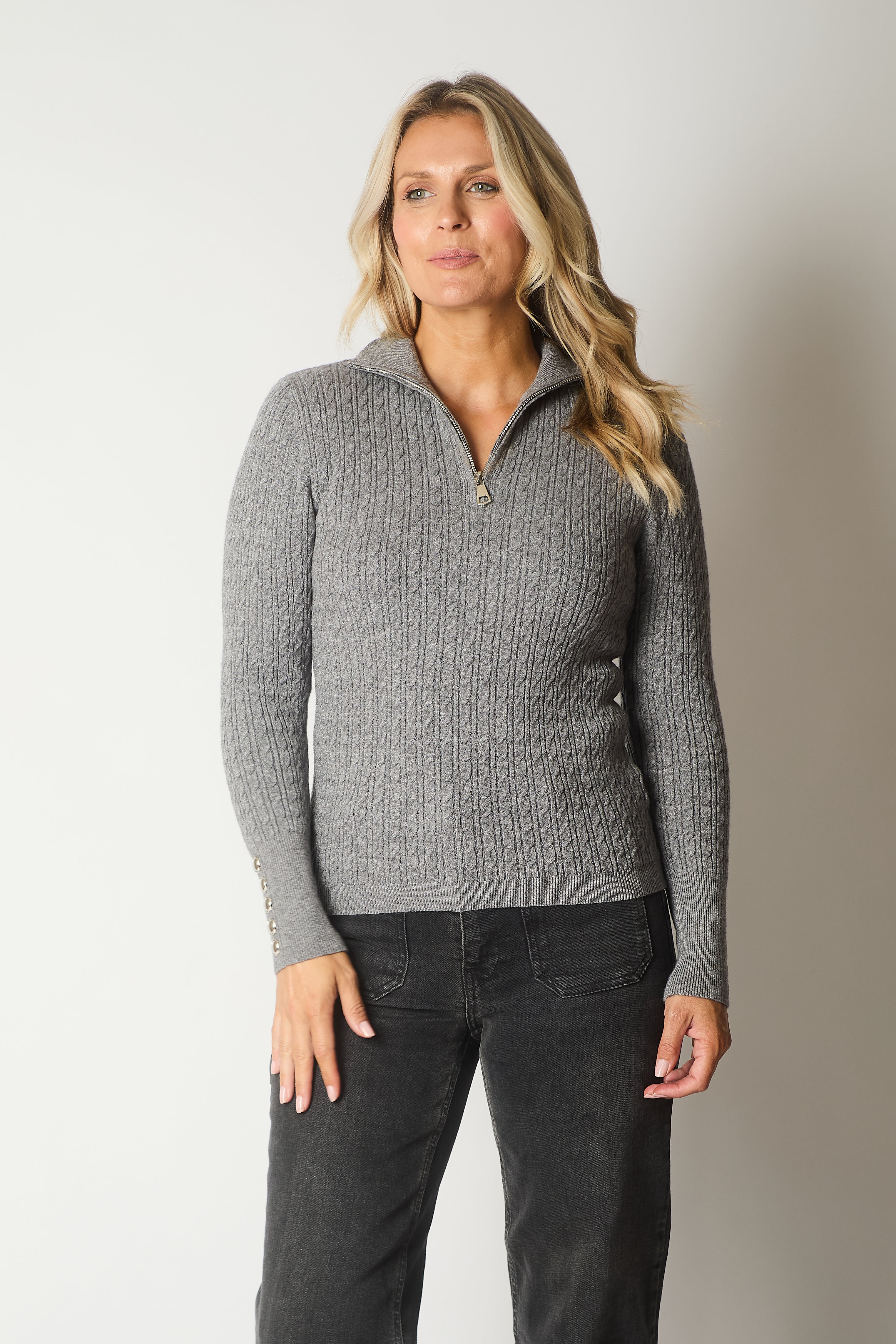 Cable Knit Quarter-Zip Sweater with Button Cuff Detail - Charcoal