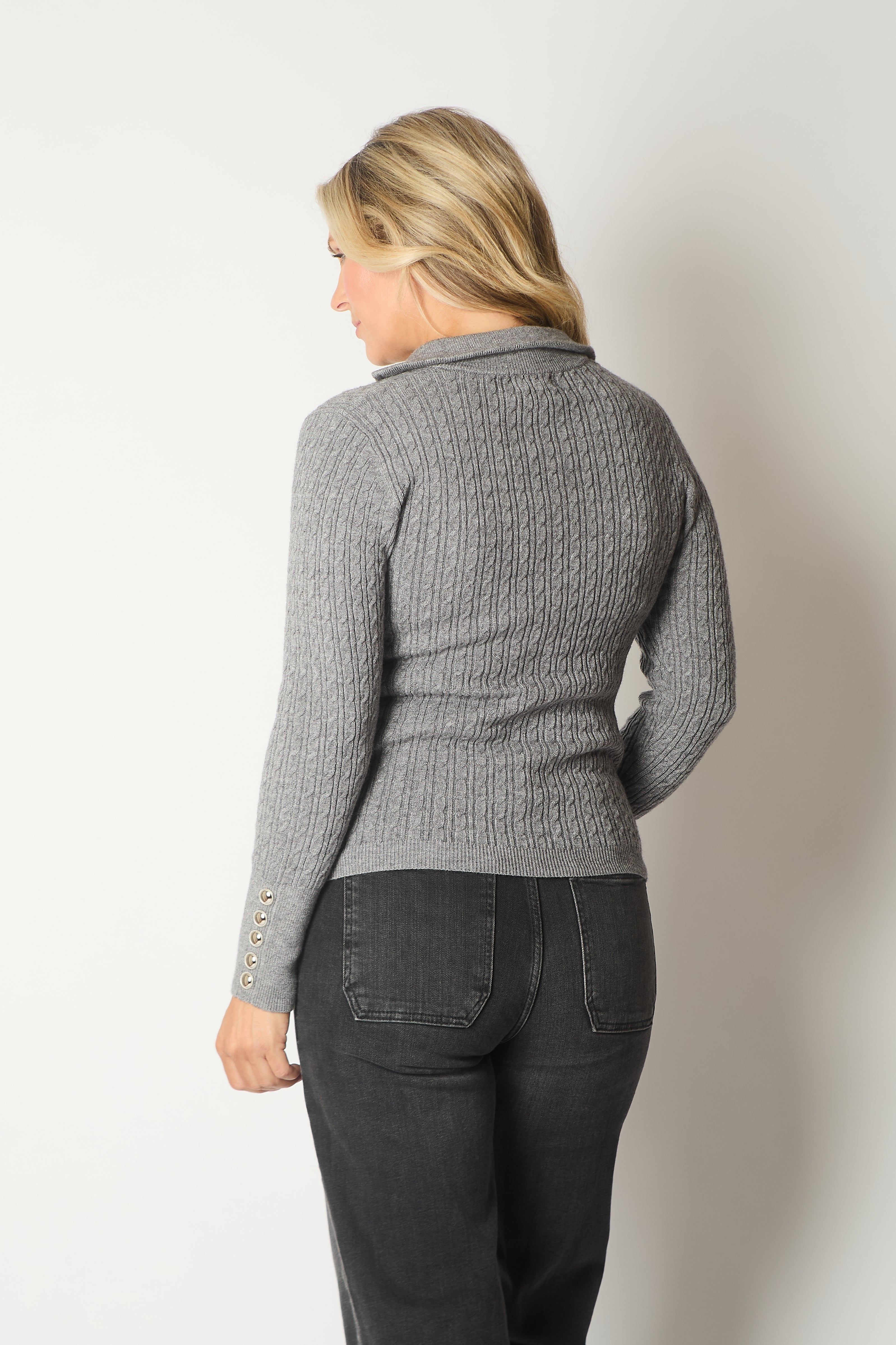 Cable Knit Quarter-Zip Sweater with Button Cuff Detail - Charcoal