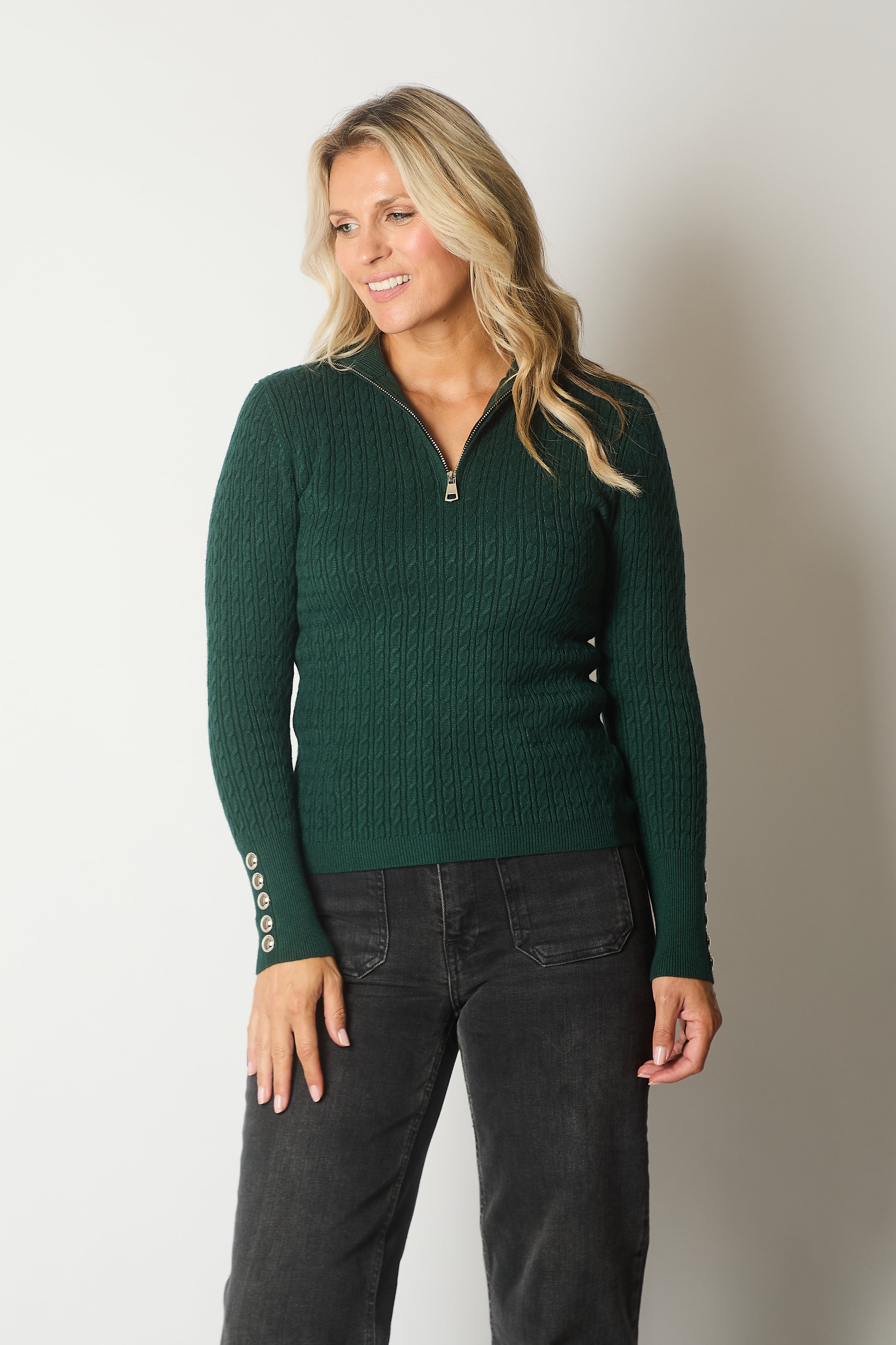 Cable Knit Quarter-Zip Sweater with Button Cuff Detail - Green