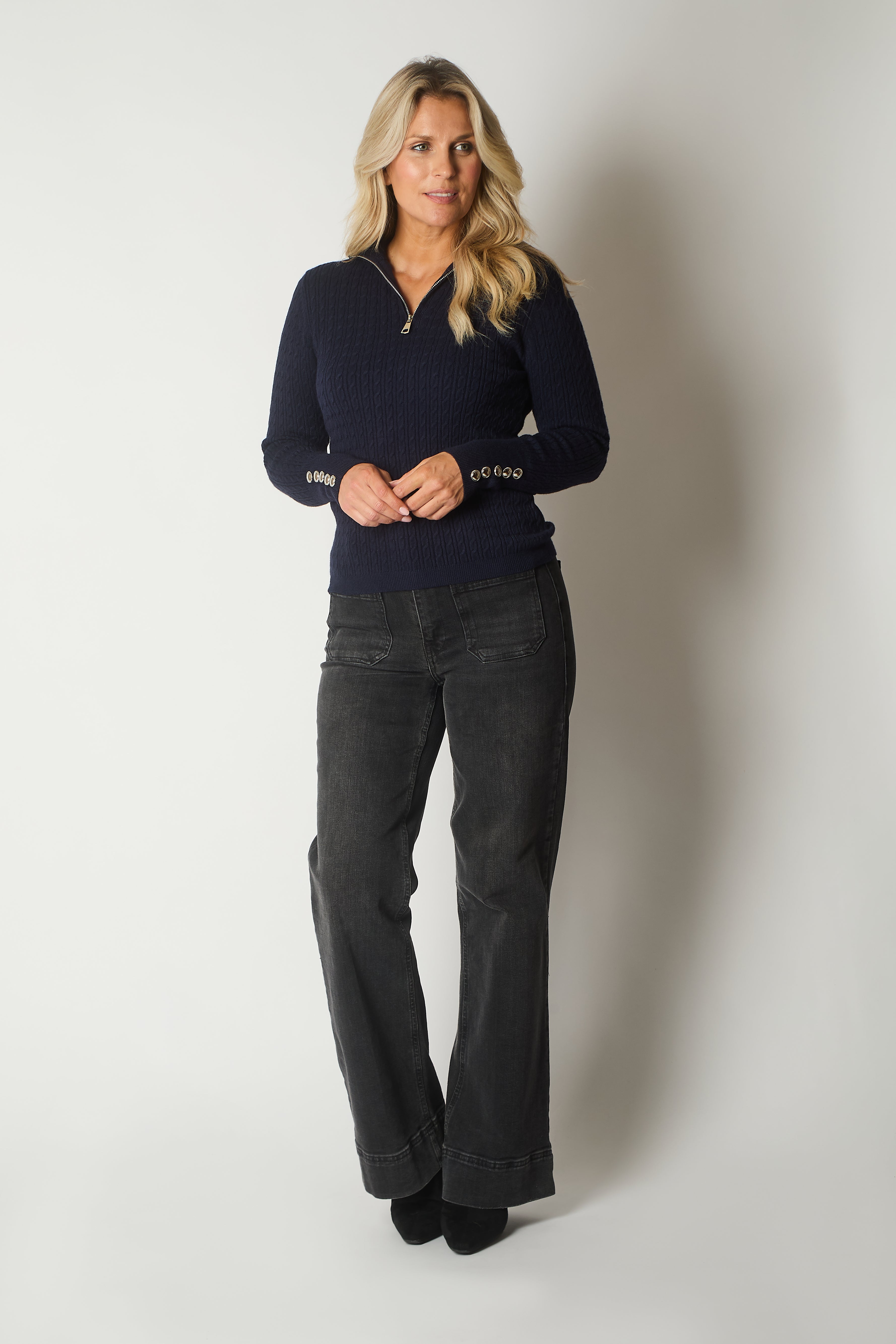 Cable Knit Quarter-Zip Sweater with Button Cuff Detail - Navy