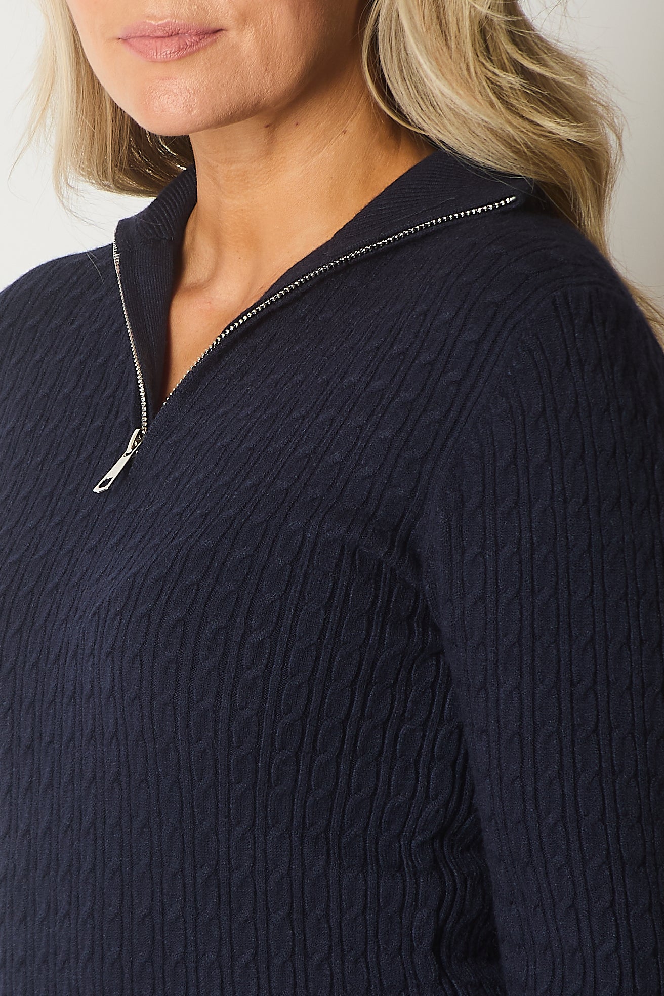 Cable Knit Quarter-Zip Sweater with Button Cuff Detail - Navy