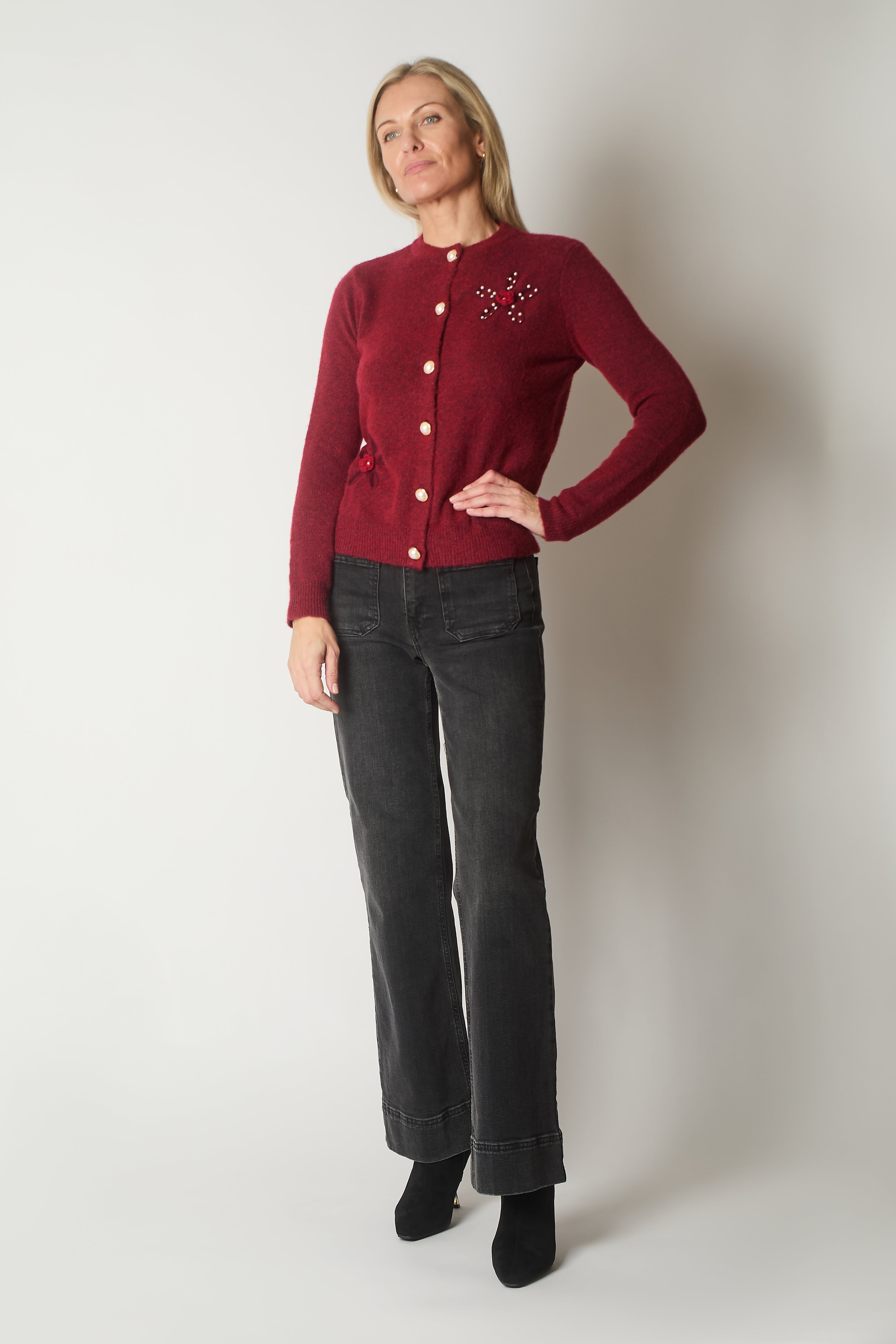 Embellished Knit Cardigan with Pearl Buttons - Wine