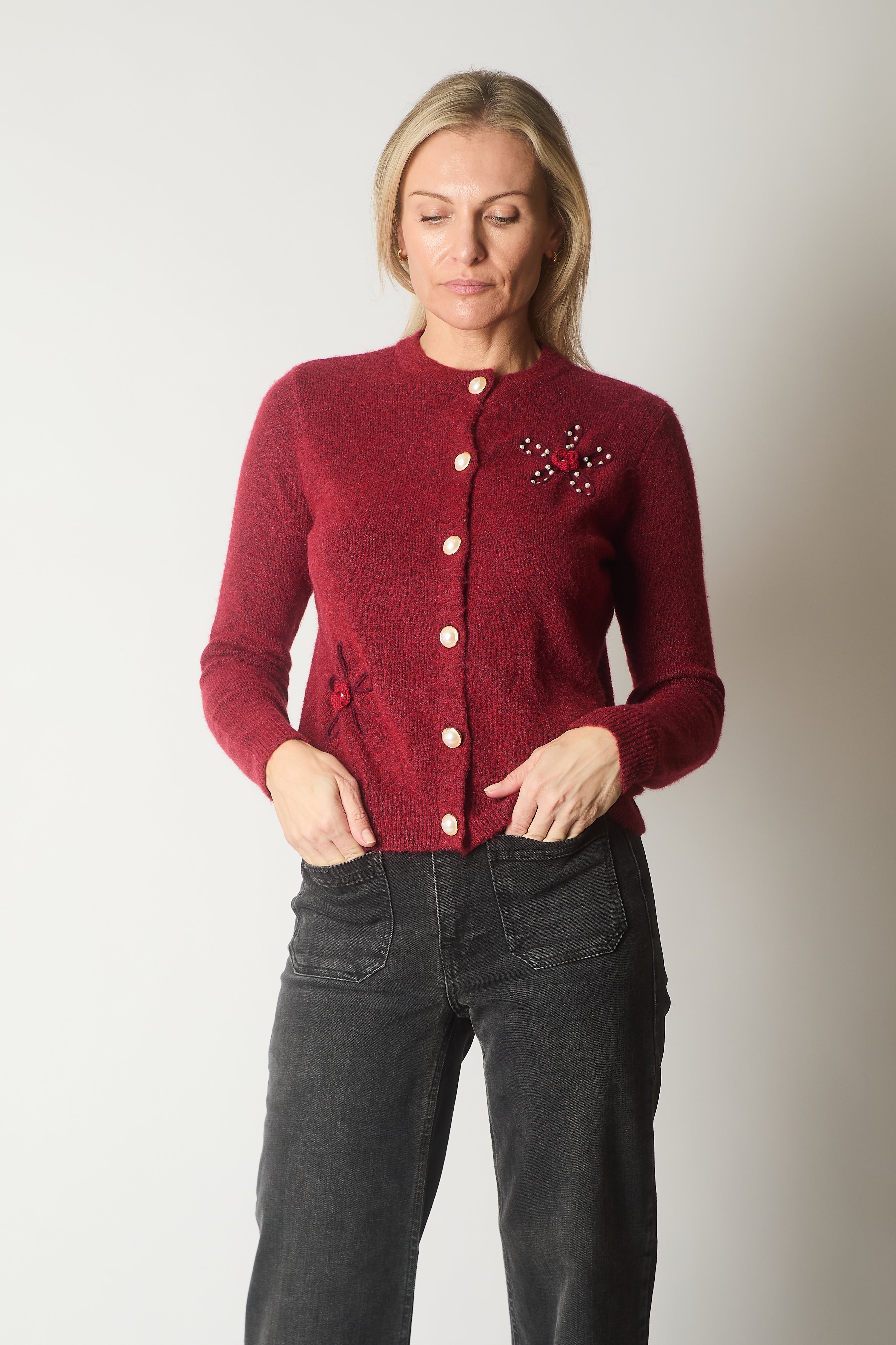Embellished Knit Cardigan with Pearl Buttons - Wine