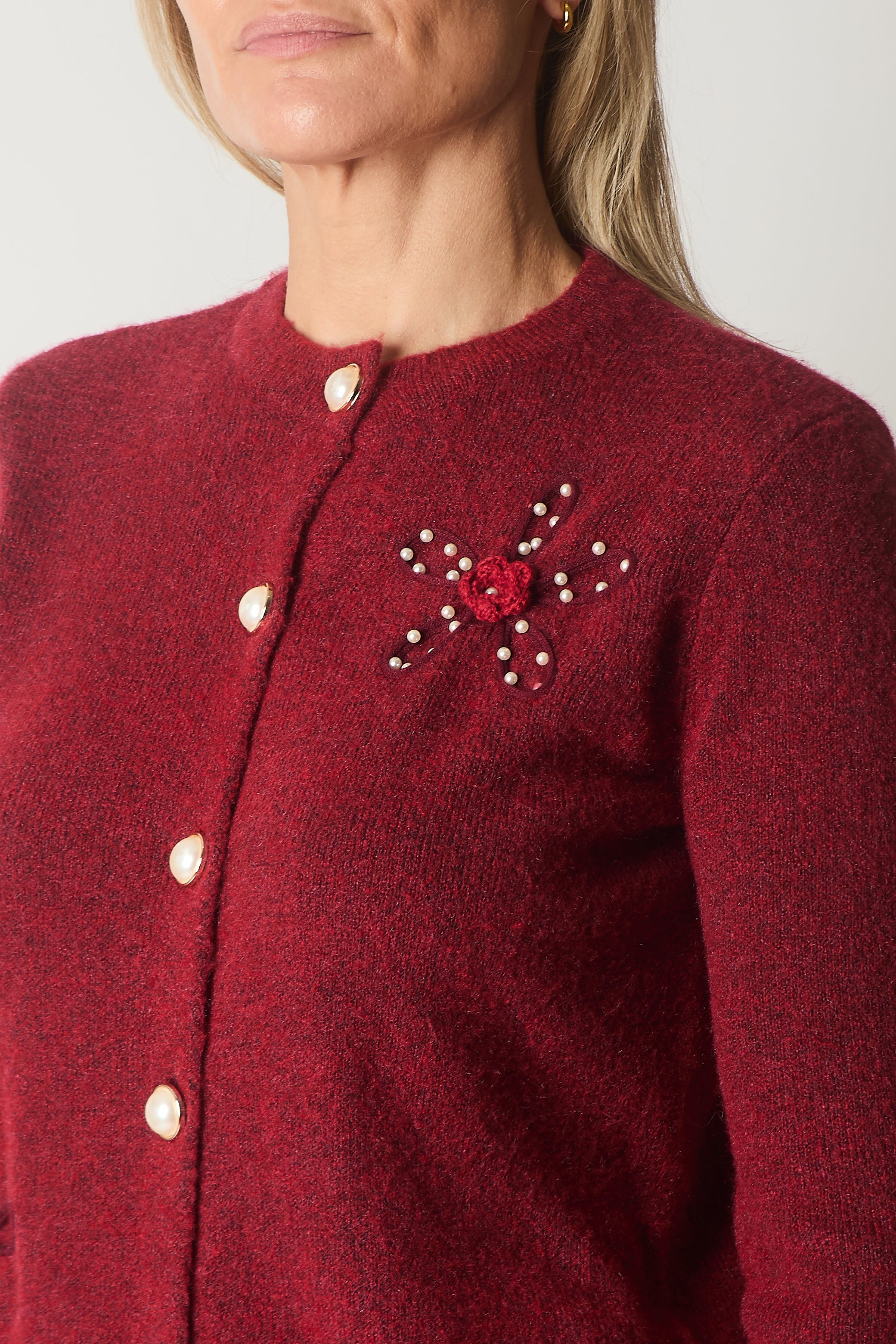 Embellished Knit Cardigan with Pearl Buttons - Wine