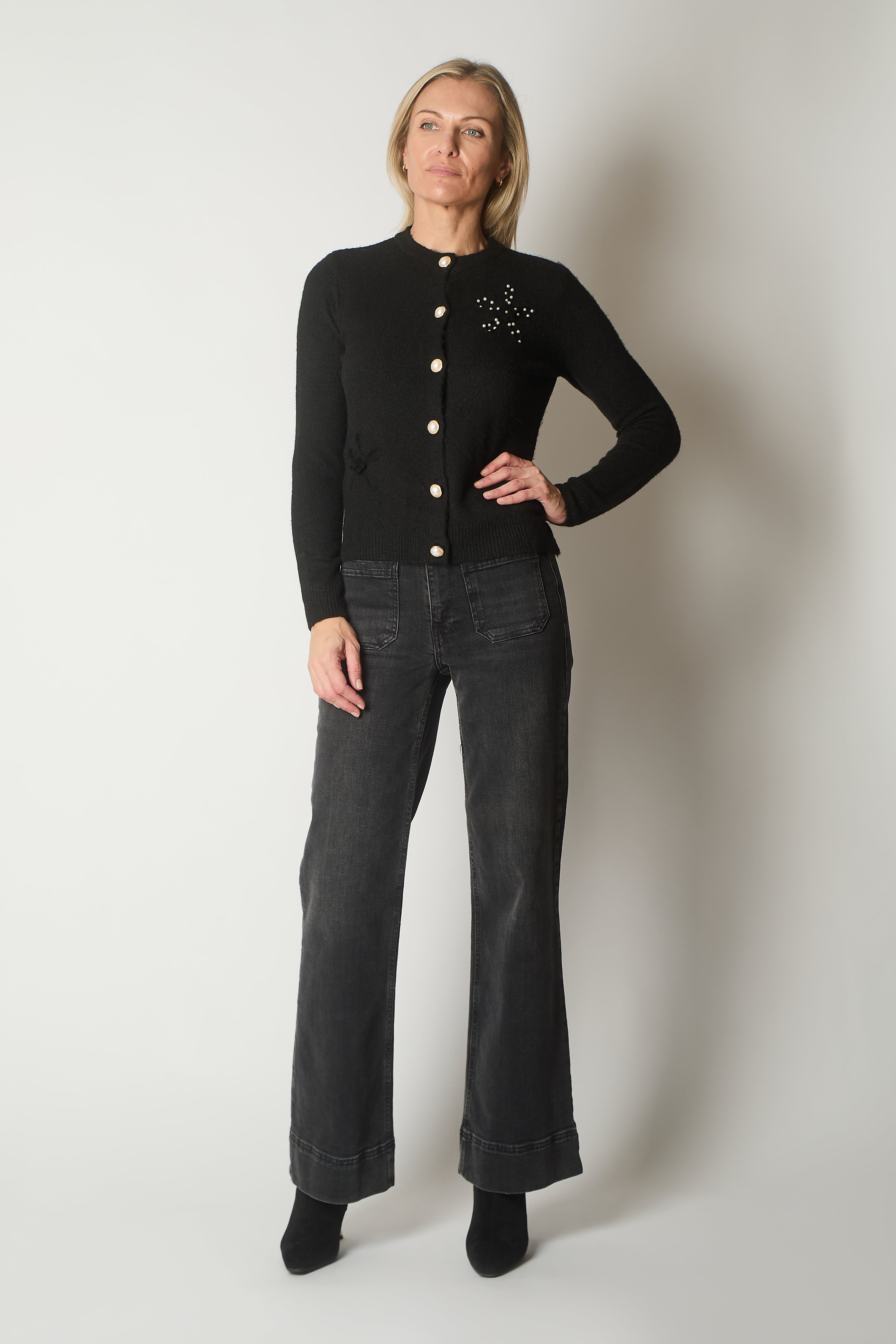 Embellished Knit Cardigan with Pearl Buttons - Black