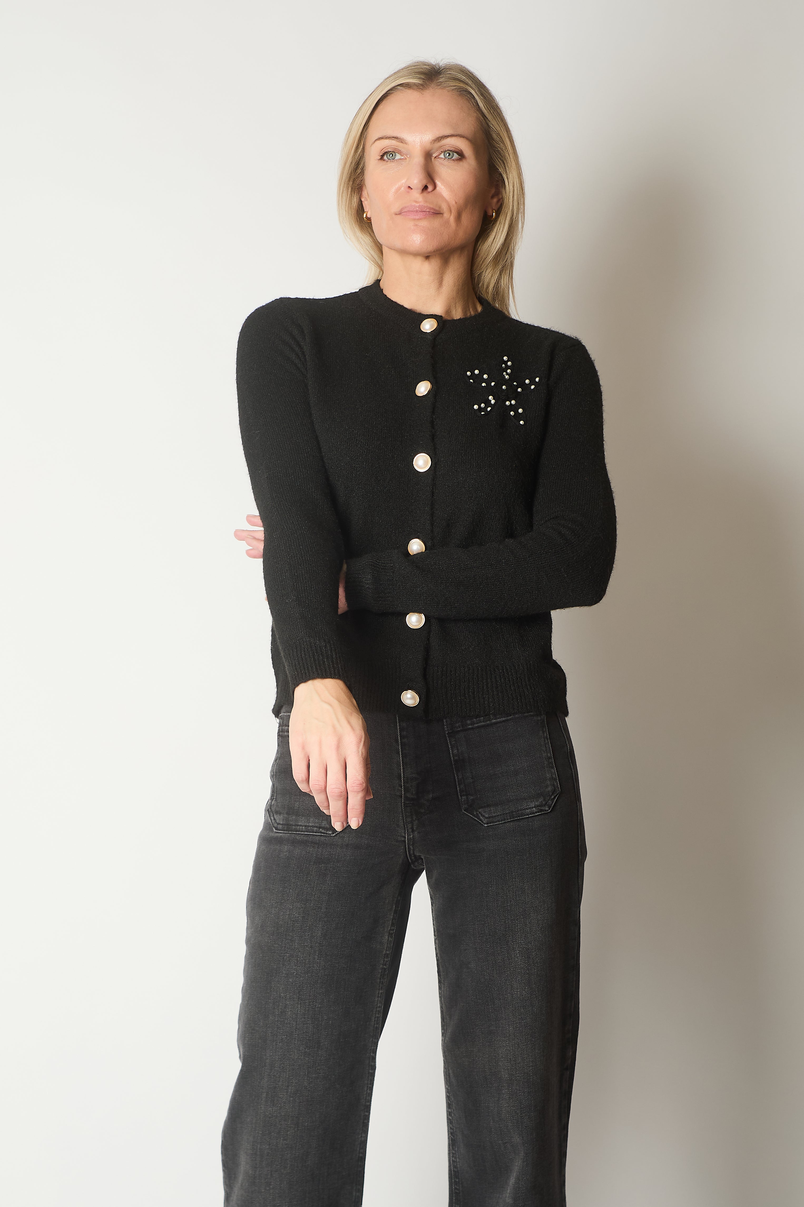 Embellished Knit Cardigan with Pearl Buttons - Black
