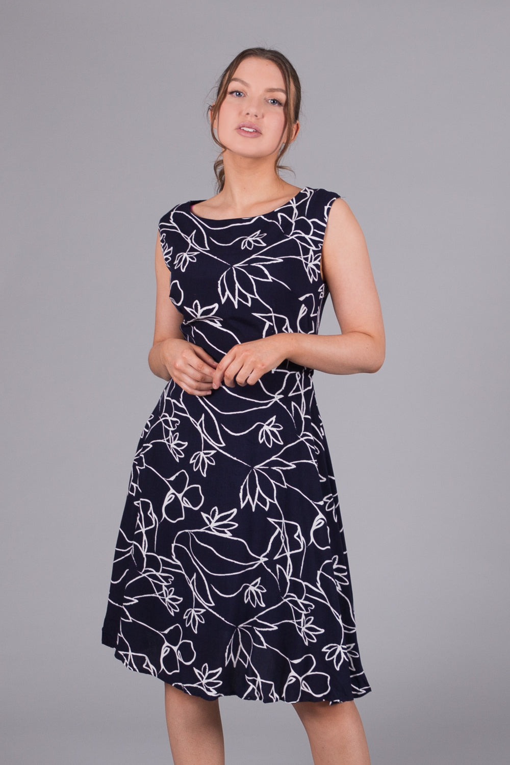 Floral Etch Print Fit & Flare Dress - Navy
