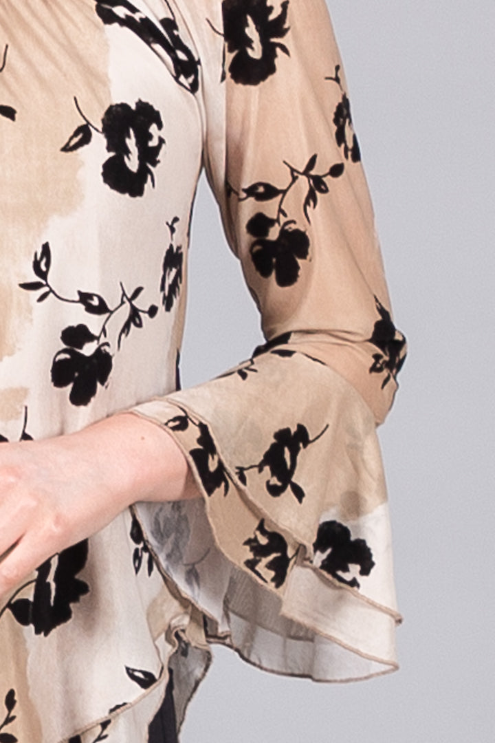 Floral Print Long Sleeve Top with Flared Cuffs - Caramel