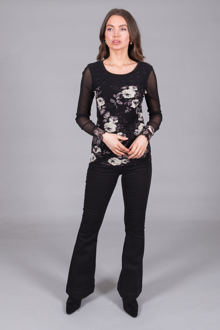 Floral Mesh Sleeve Top - Black