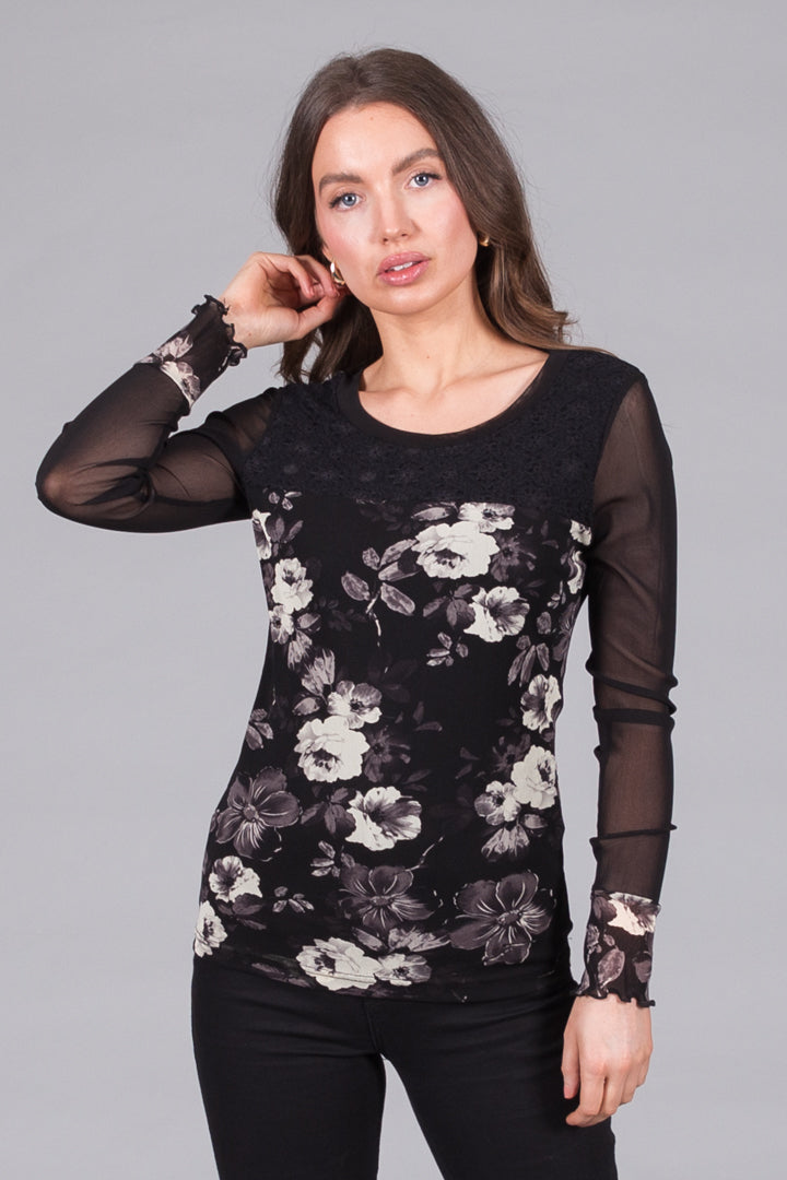 Floral Mesh Sleeve Top - Black