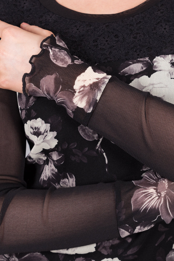 Floral Mesh Sleeve Top - Black