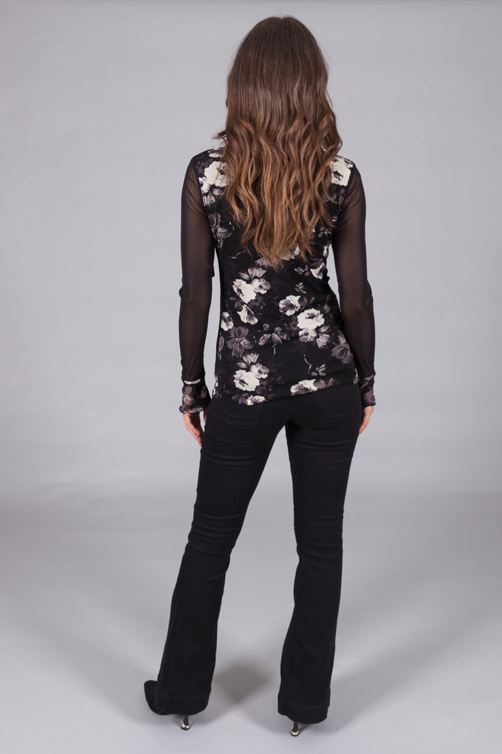 Floral Mesh Sleeve Top - Black