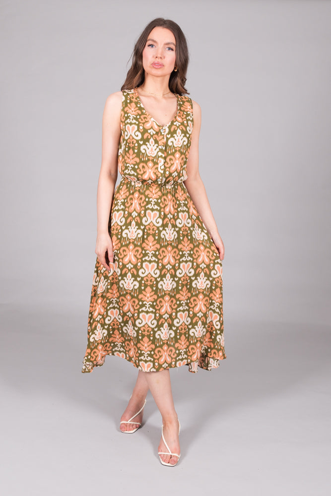 Sleeveless V-Neck Abstract Print Dress with Waist Tie - Green