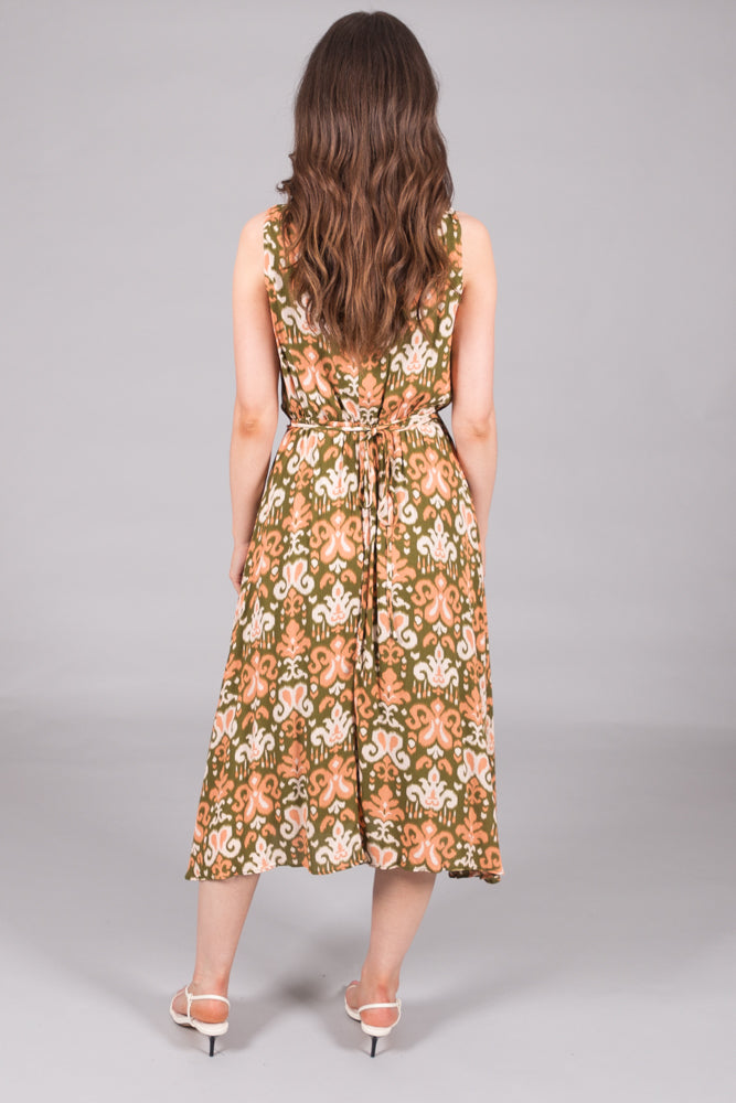 Sleeveless V-Neck Abstract Print Dress with Waist Tie - Green