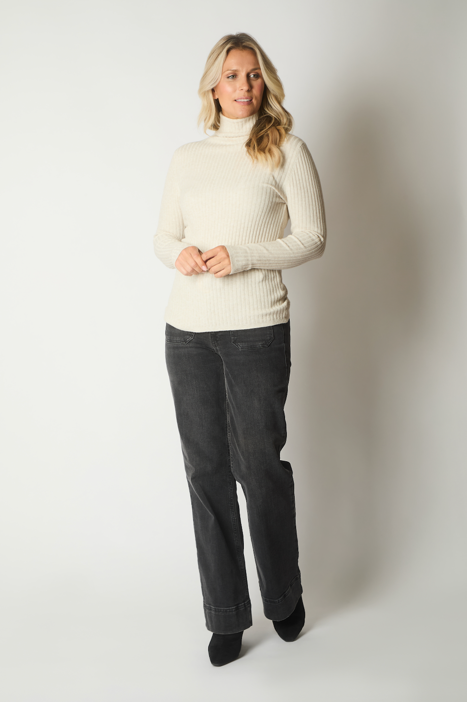 Ribbed Polo Neck Jumper - Stone