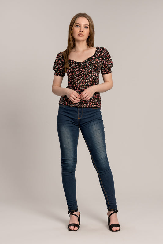 Button Gathered Top - Black