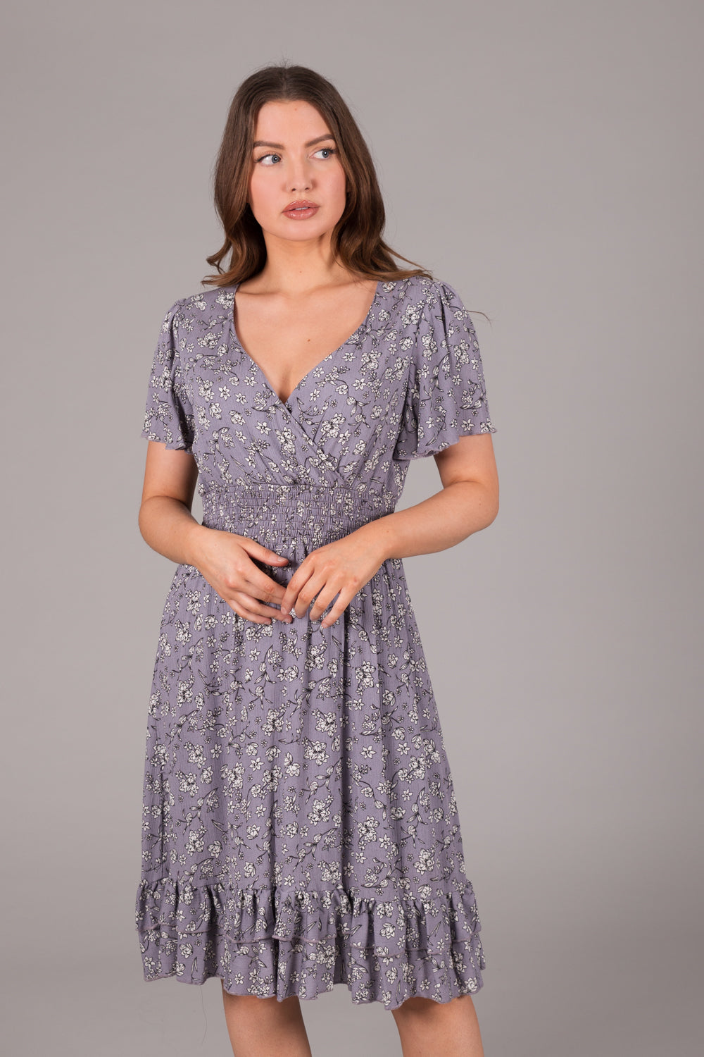 Floral Ditsy Print Smock Wrap Dress - Navy