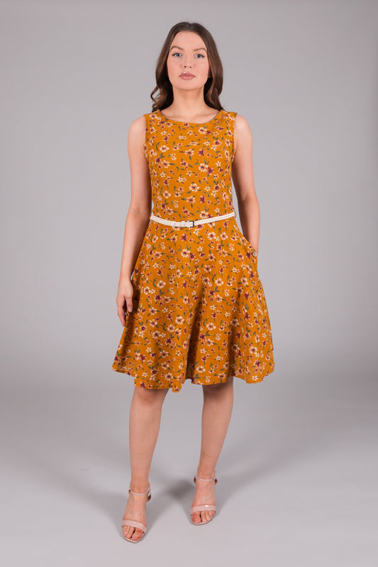 Linen Print Dress with Pockets - Mustard