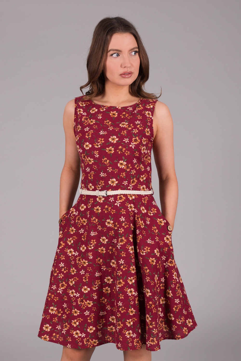 Linen Print Dress with Pockets - Red