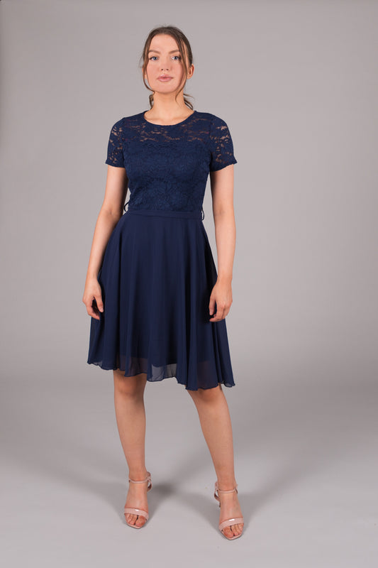 Lace Bodice Fit & Flare Dress - Navy