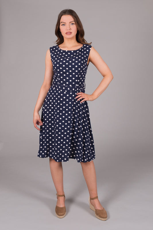 Polka Dot Print Dress - Navy