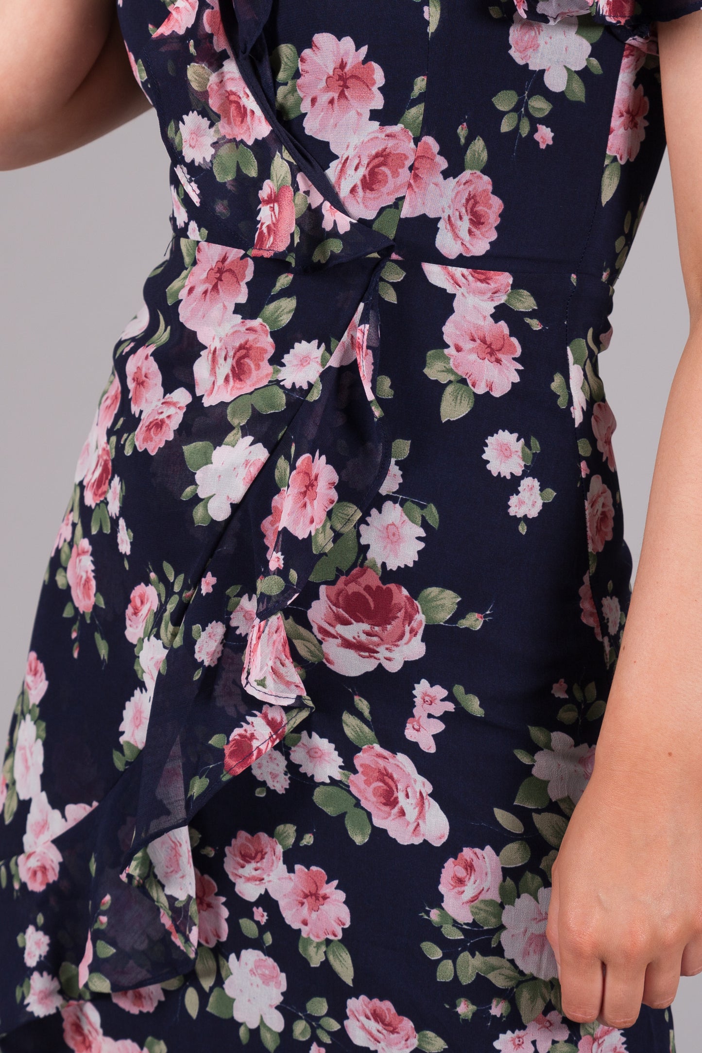 Floral Chiffon Wrap Frill Dress - Navy