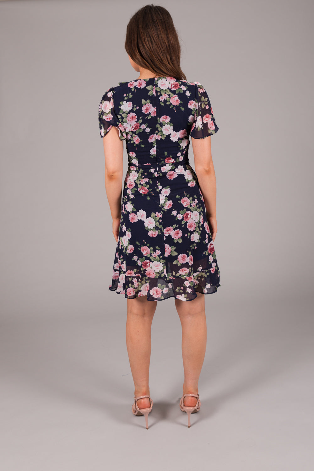 Floral Chiffon Wrap Frill Dress - Navy