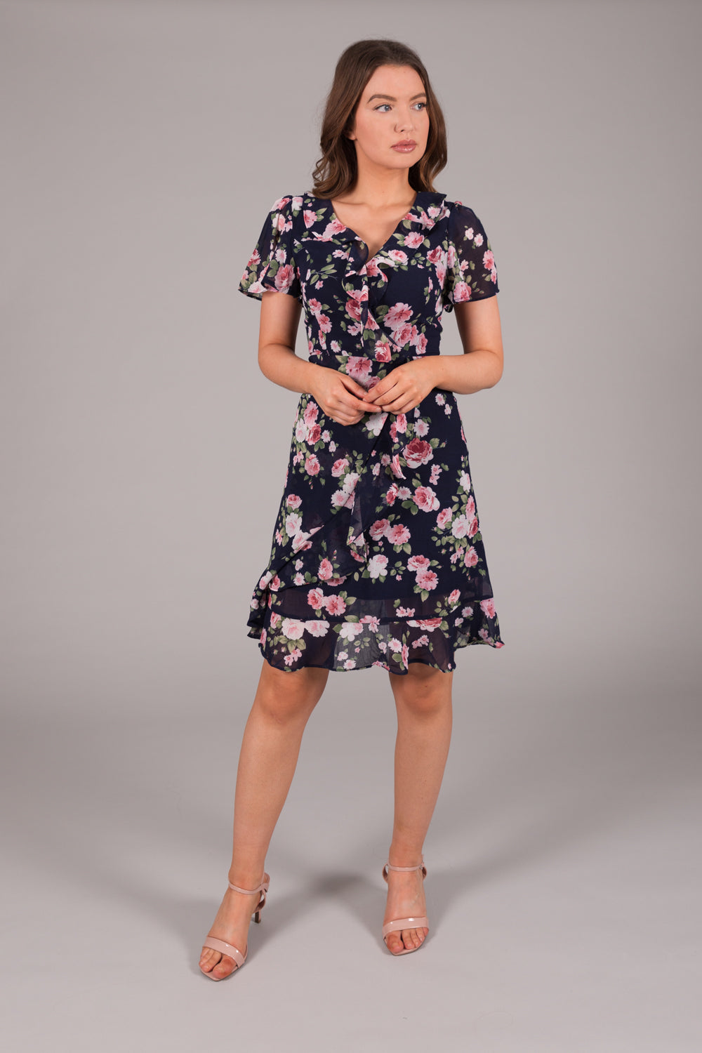 Floral Chiffon Wrap Frill Dress - Navy